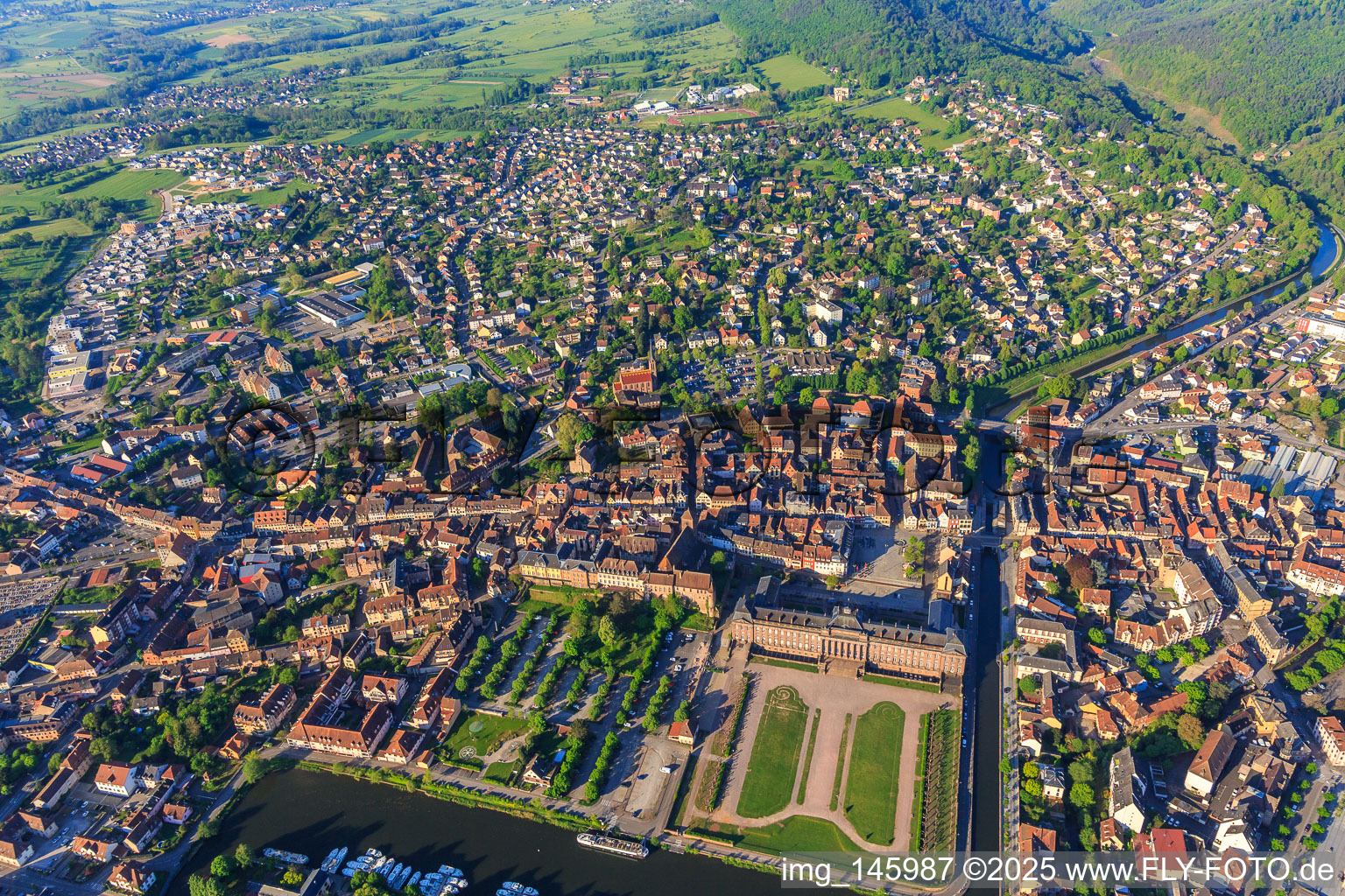 Aerial photograpy of City view with castle and park Château des Rohan at the port Port de Saverne from the northeast in Saverne in the state Bas-Rhin, France