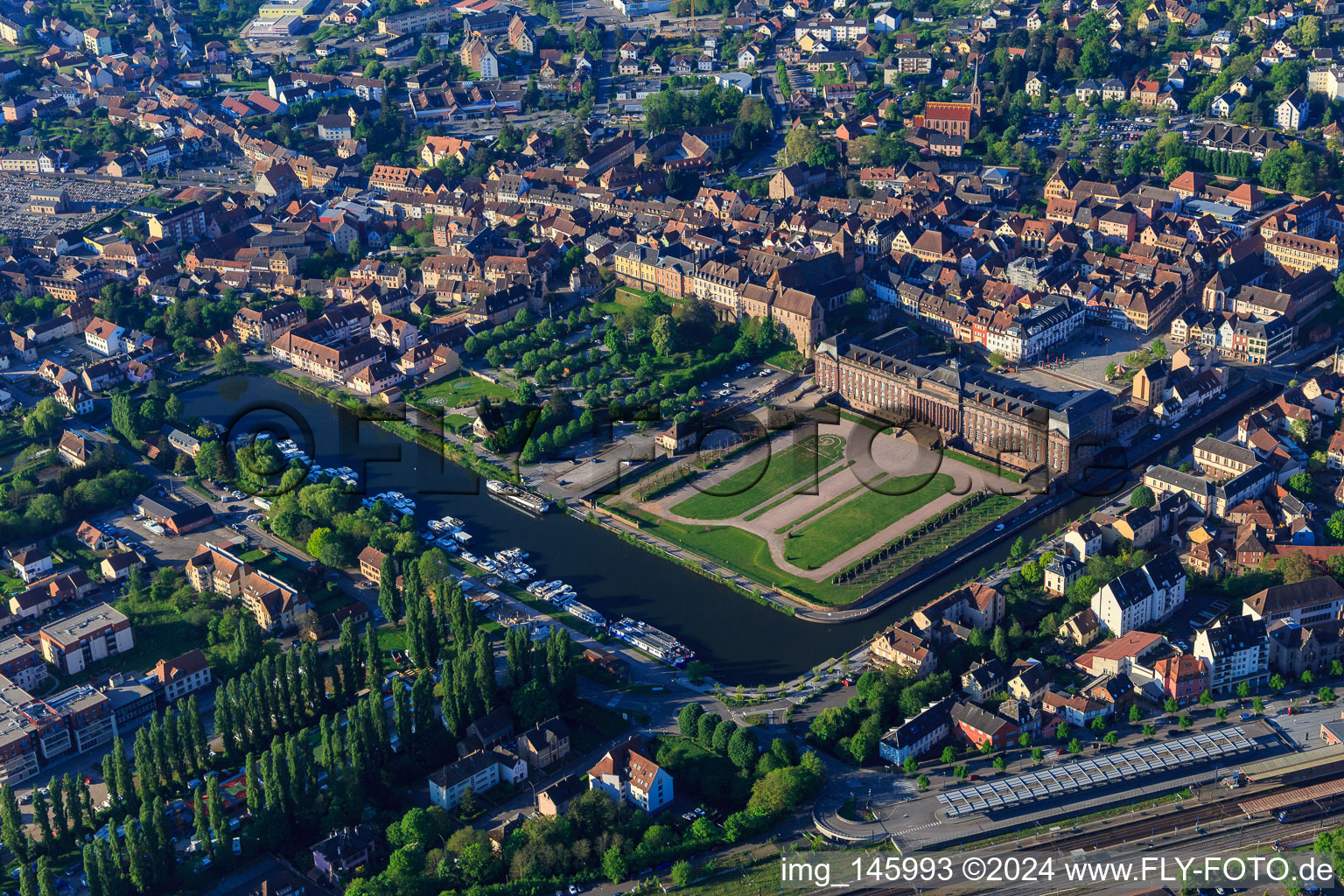 Aerial view of Castle and park Château des Rohan at the port Port de Saverne from the north in Saverne in the state Bas-Rhin, France