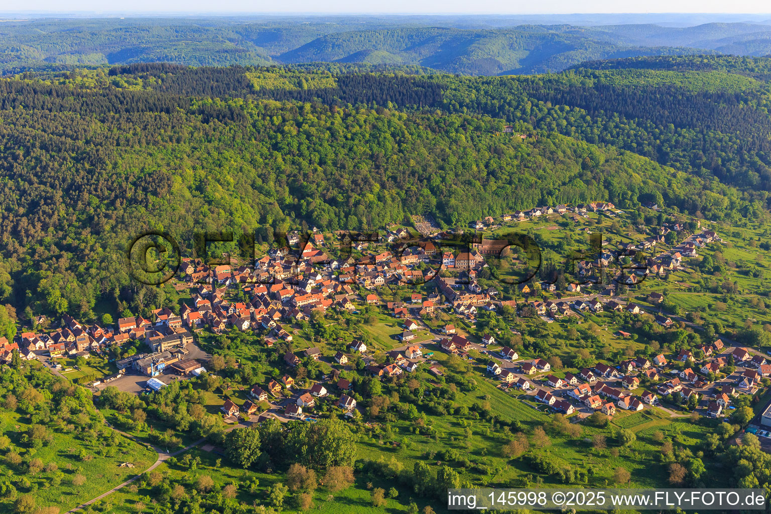 View of the village on the edge of the Northern Vosges from the southeast in Saint-Jean-Saverne in the state Bas-Rhin, France
