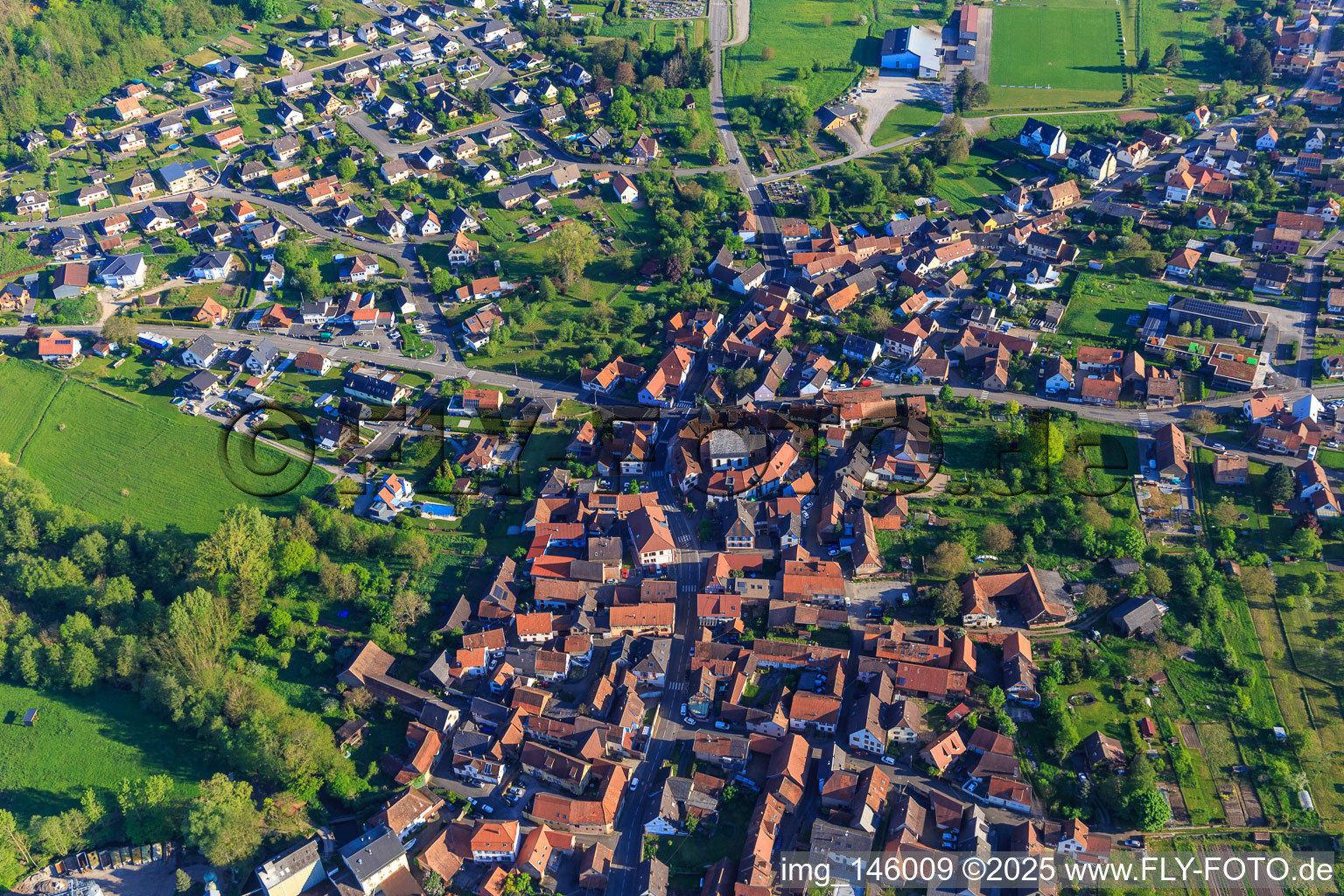 Town center from the south in Dossenheim-sur-Zinsel in the state Bas-Rhin, France