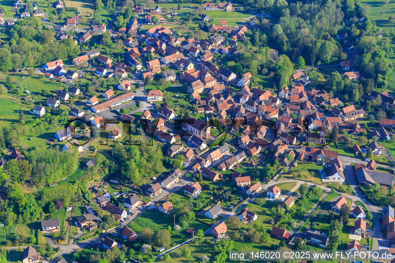 Village view on the edge of the Northern Vogense from the south in Weiterswiller in the state Bas-Rhin, France
