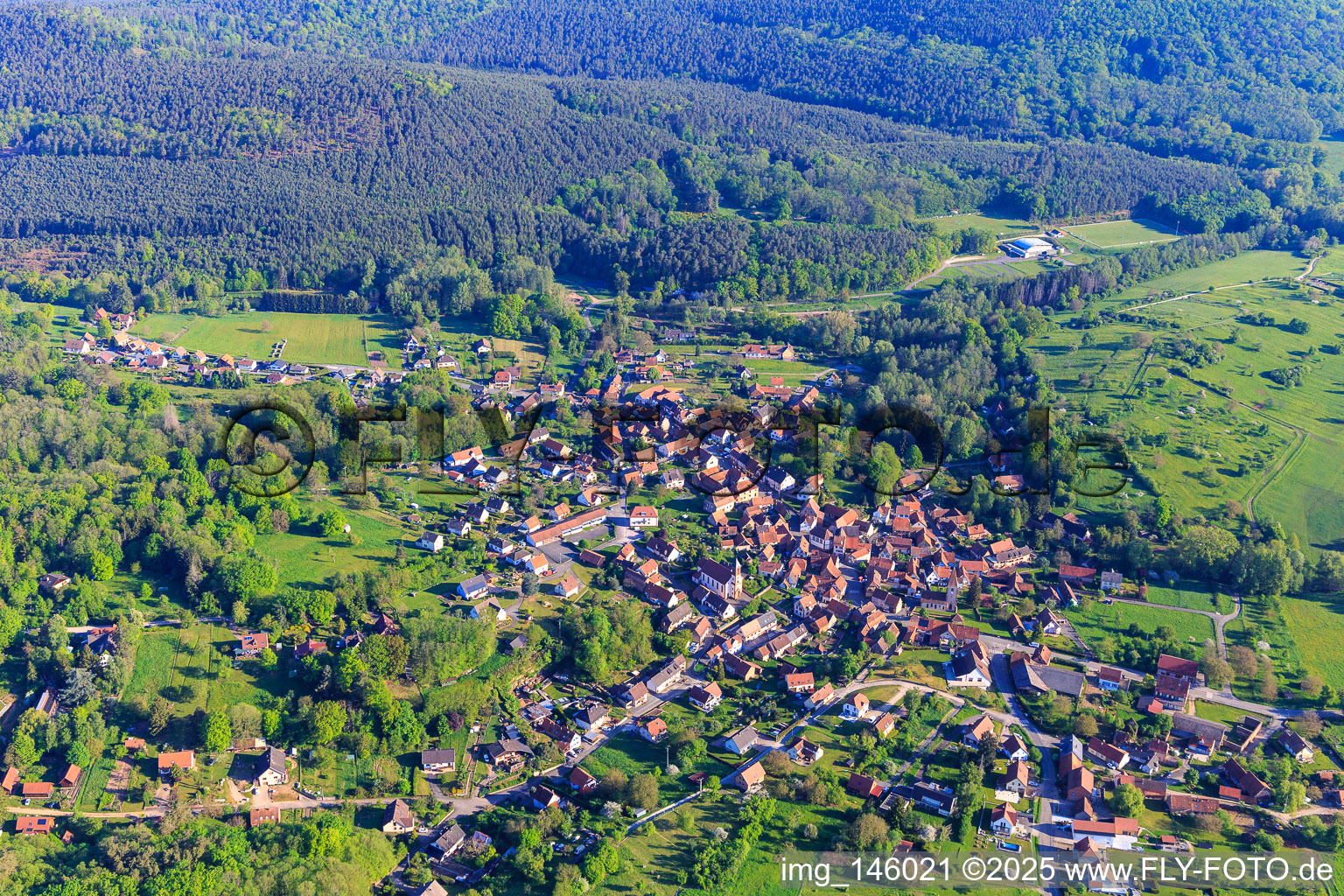 Aerial view of Village view on the edge of the Northern Vogense from the south in Weiterswiller in the state Bas-Rhin, France