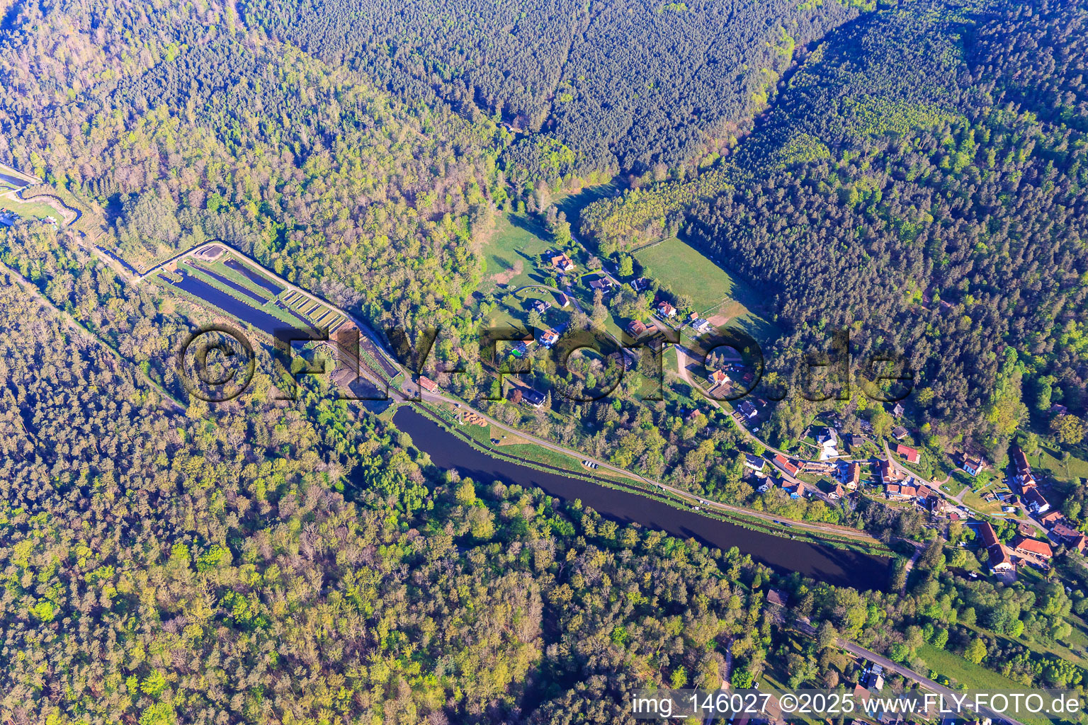 Aerial view of Fish ponds at Meisenbach in Sparsbach in the state Bas-Rhin, France