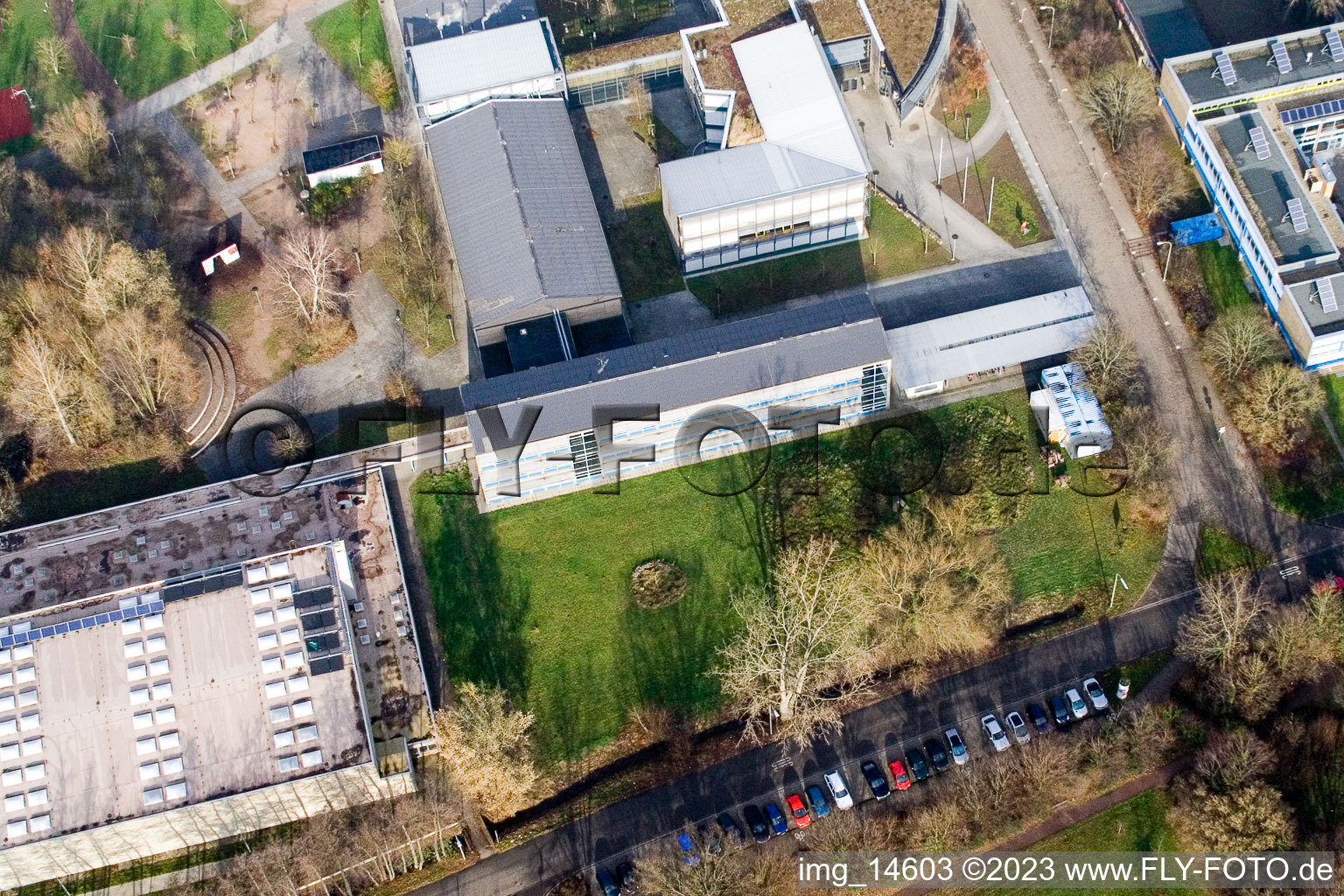 Aerial view of IGS school garden in Kandel in the state Rhineland-Palatinate, Germany