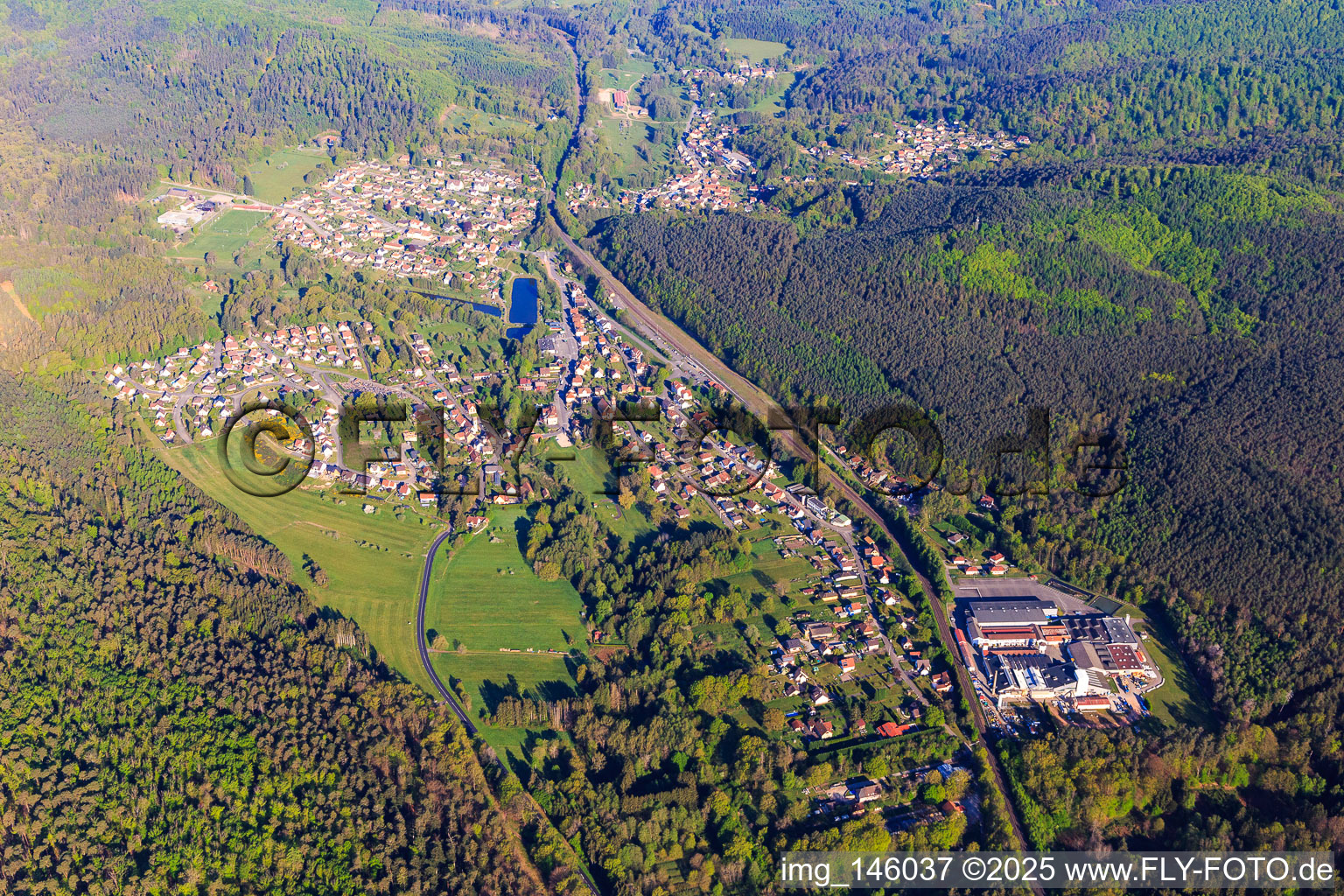View of the valley of the Moder with Lalique SA from the south in Wingen-sur-Moder in the state Bas-Rhin, France