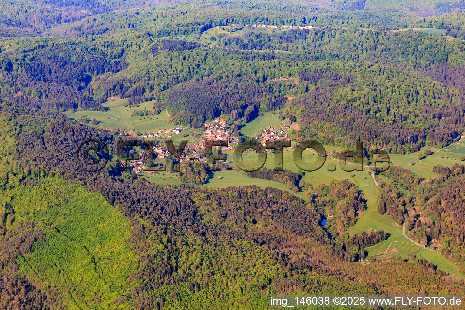 Village view in the Northern Vogense from the northeast in Hinsbourg in the state Bas-Rhin, France
