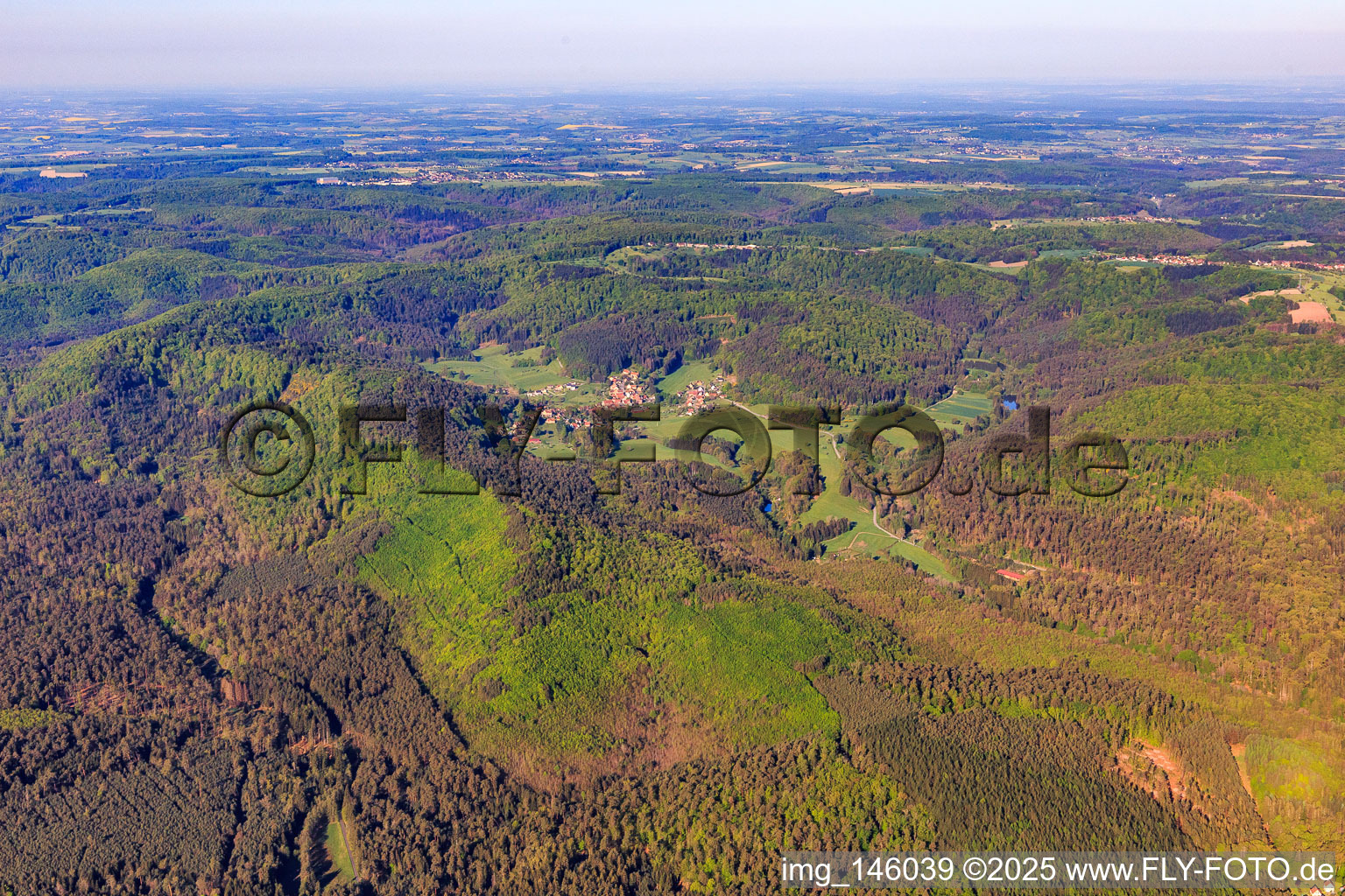 Aerial view of Village view in the Northern Vogense from the northeast in Hinsbourg in the state Bas-Rhin, France