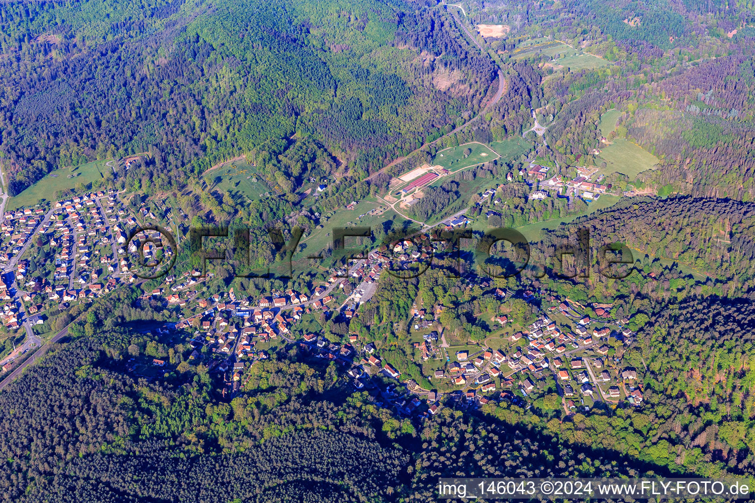View of the valley of the Moder with Château Hochberg from the north in Wingen-sur-Moder in the state Bas-Rhin, France