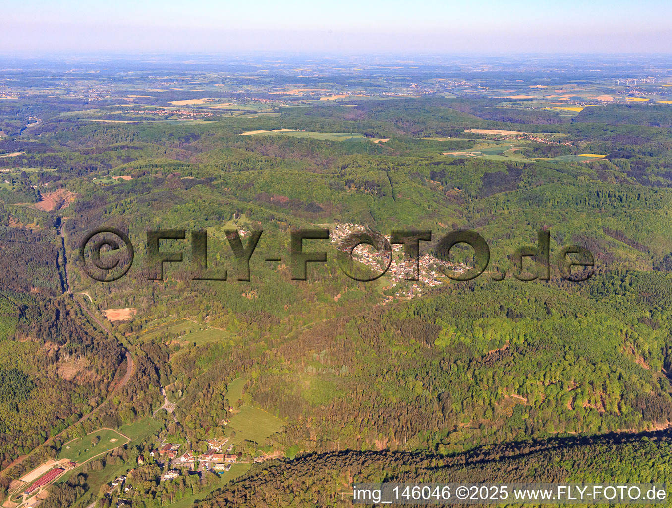Aerial view of Village view in the Northern Vogense from the east in Rosteig in the state Bas-Rhin, France