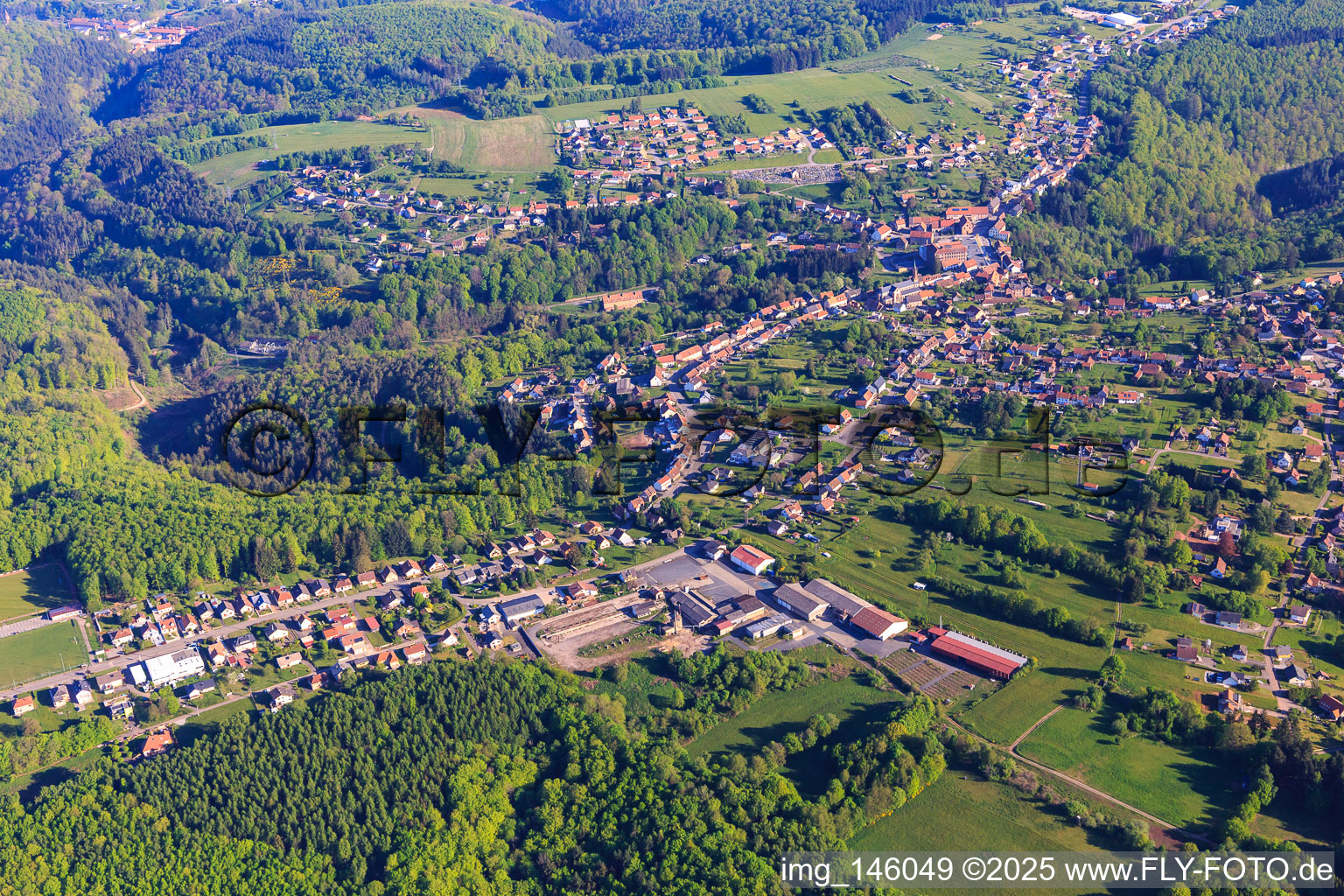 Morning view of the town from the south in Goetzenbruck in the state Moselle, France
