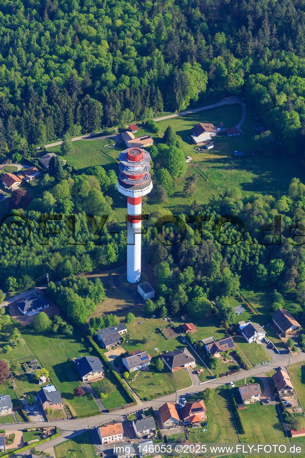 Aerial view of Tour hertzienne de Goetzenbruck transmission tower in the Northern Vosges from the west in Goetzenbruck in the state Moselle, France