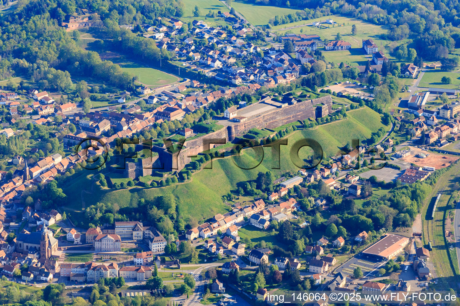Aerial view of Citadel of Bitsch in Bitsch in the state Moselle, France