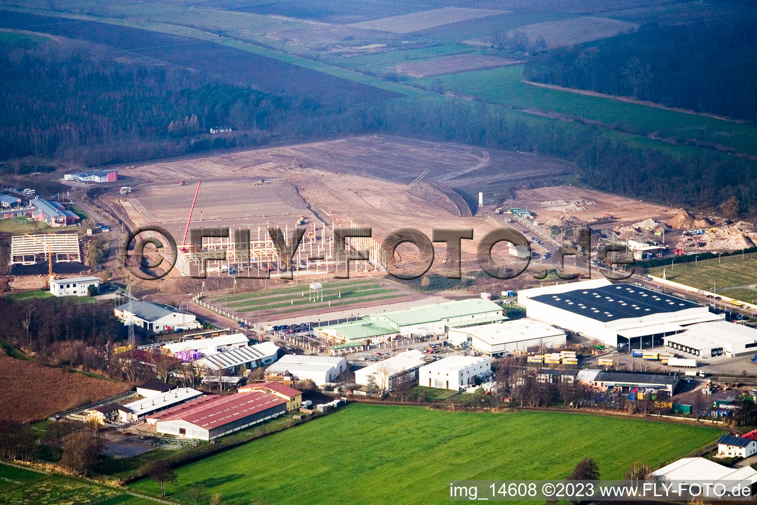 Oblique view of Am Horst industrial area in the district Minderslachen in Kandel in the state Rhineland-Palatinate, Germany