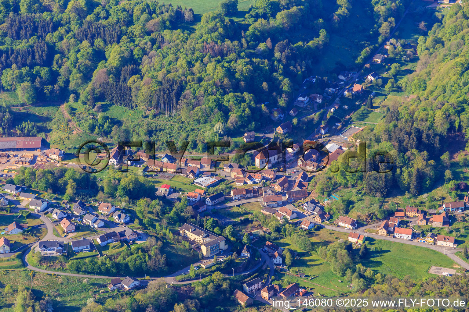 Aerial view of Village view from the northeast in Siersthal in the state Moselle, France