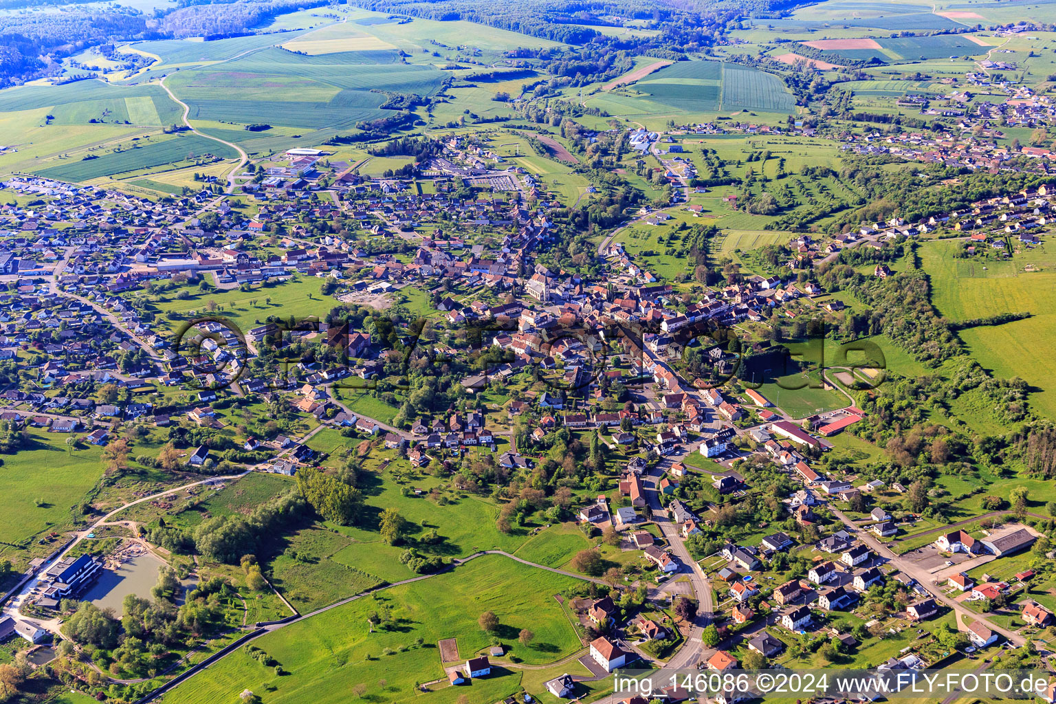 Aerial view of Morning view of the town from the north in Rohrbach-lès-Bitche in the state Moselle, France