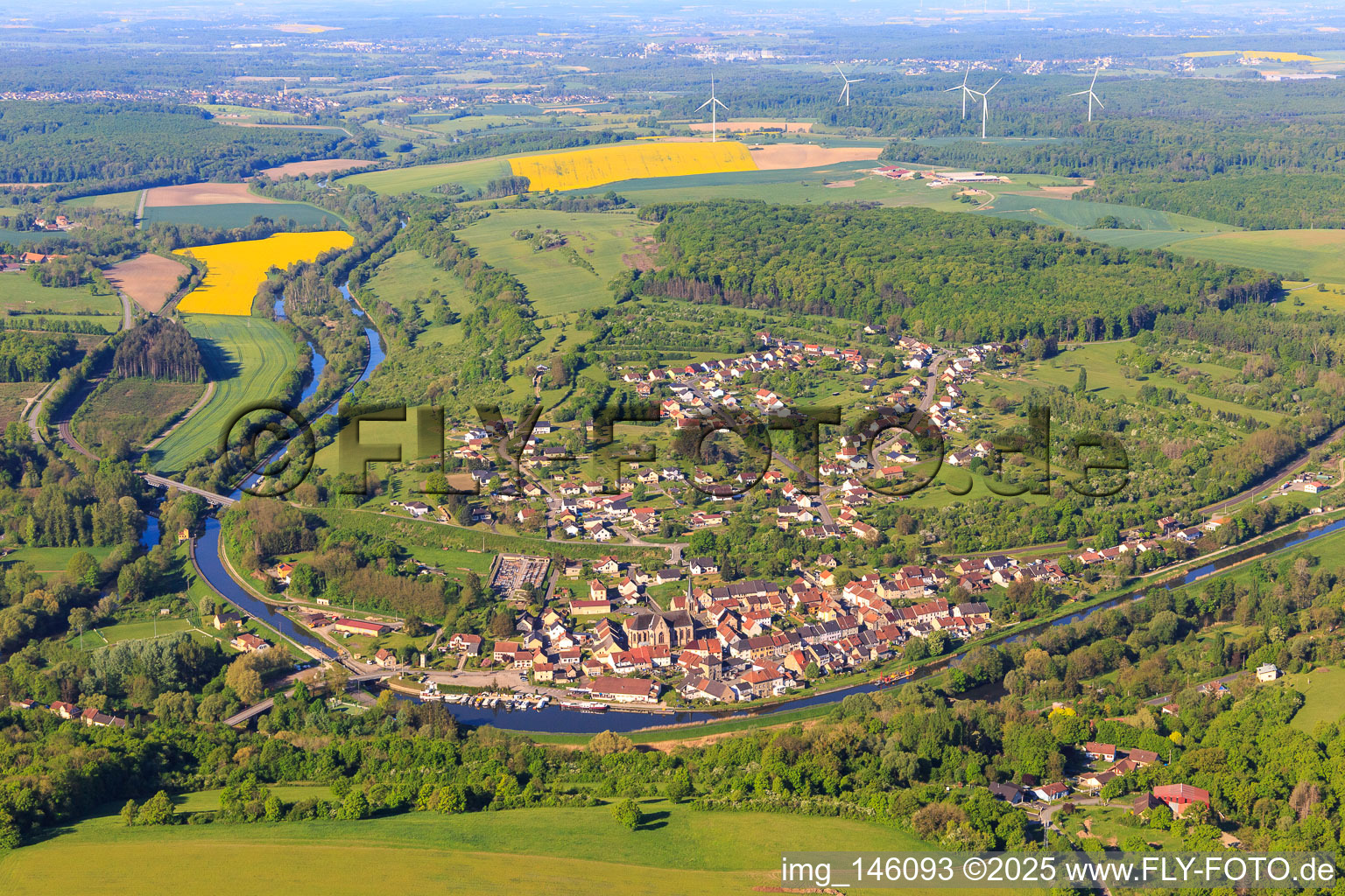 View of the town on the Canal des houllères de la Sarre in Wittring in the state Moselle, France