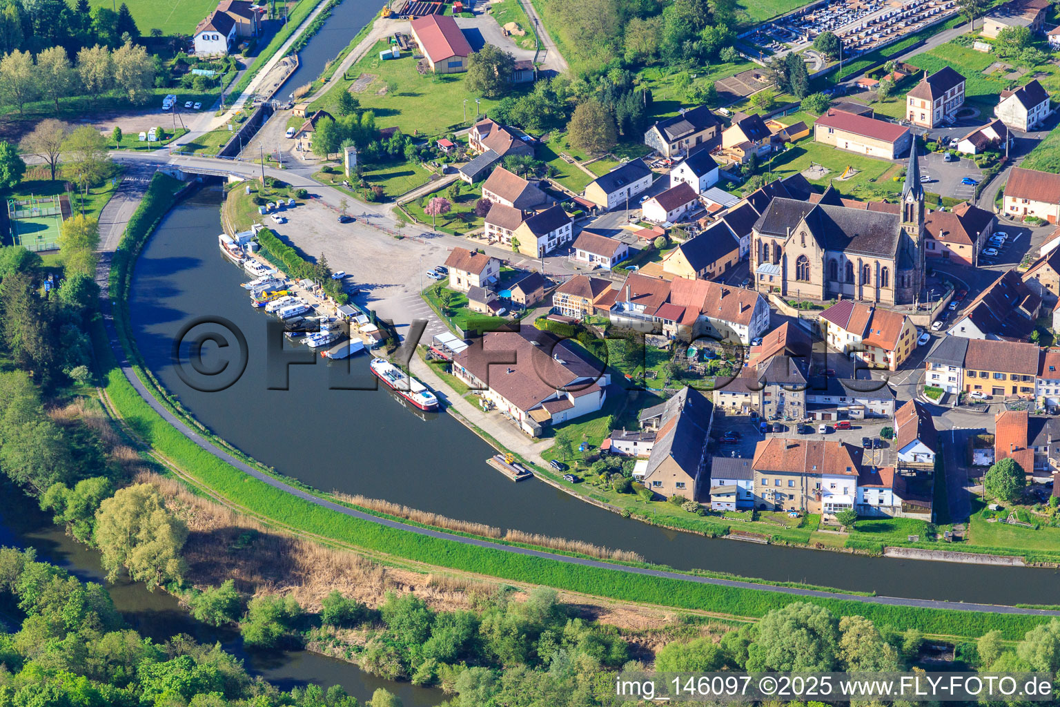 Aerial view of Marina Port de Plaisance de Wittring on the Canal des houllères de la Sarre in Wittring in the state Moselle, France