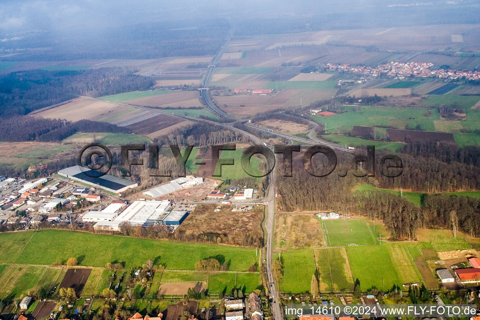 Industrial area Am Horst in the district Minderslachen in Kandel in the state Rhineland-Palatinate, Germany from above