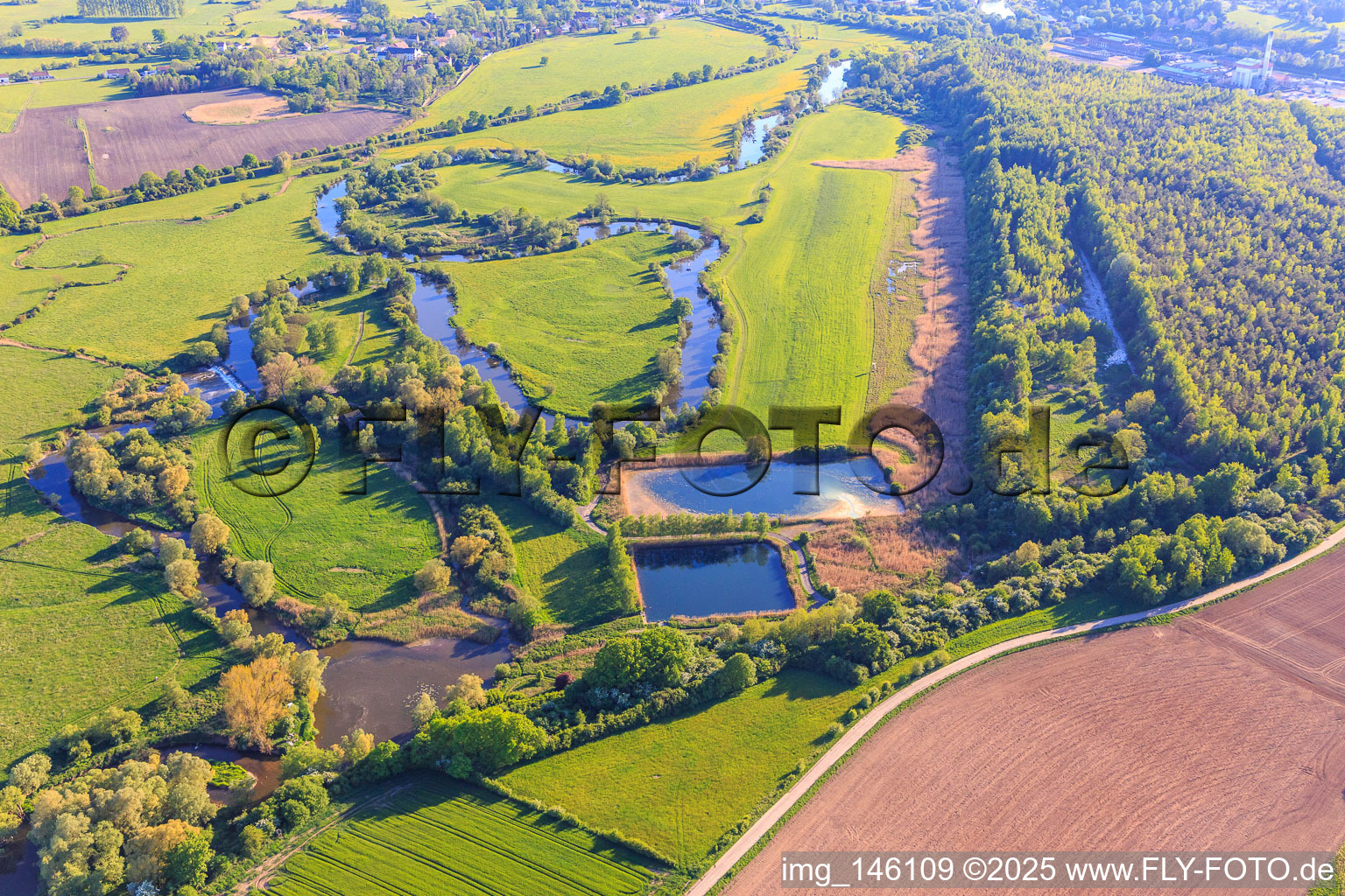 Floodplain meadows along the meandering course of the Saar in Sarralbe in the state Moselle, France