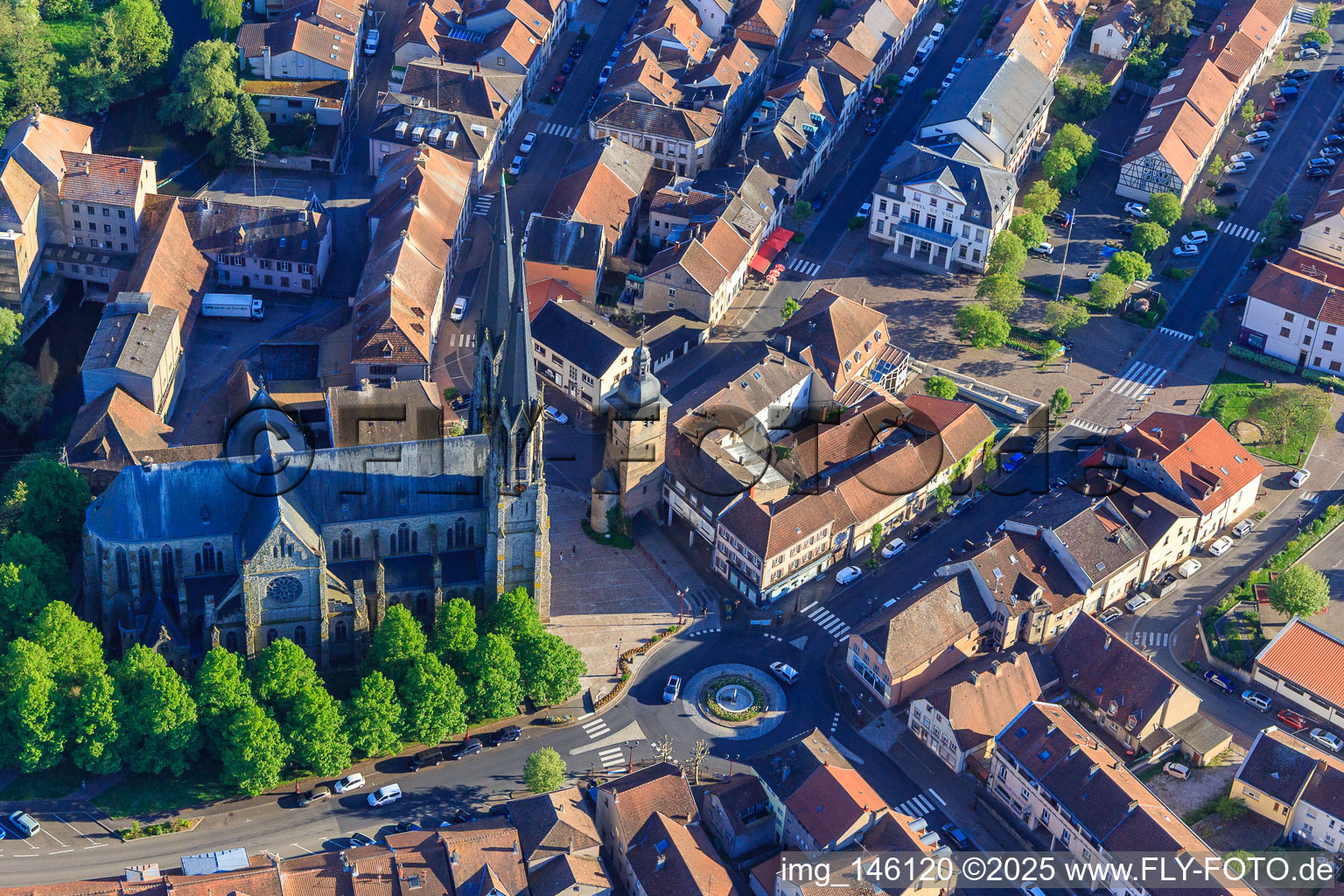 Aerial view of Eglise Saint-Martin (Cathédrale de la Sarre) in Sarralbe in the state Moselle, France