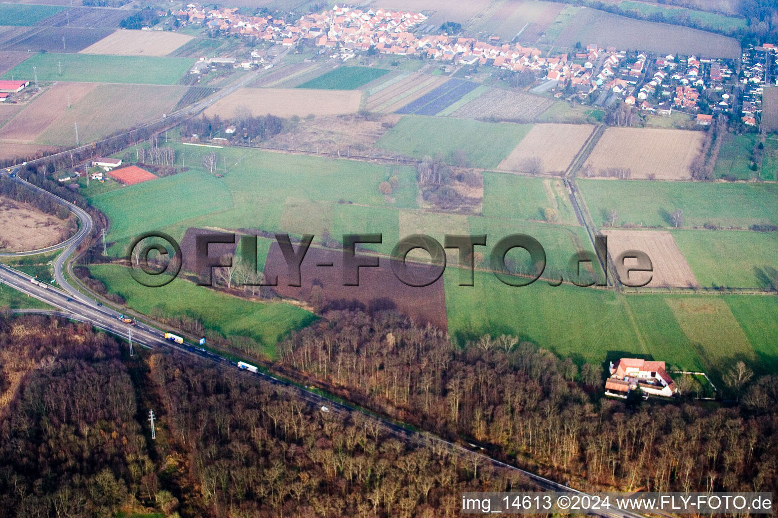 Erlenbach bei Kandel in the state Rhineland-Palatinate, Germany from a drone
