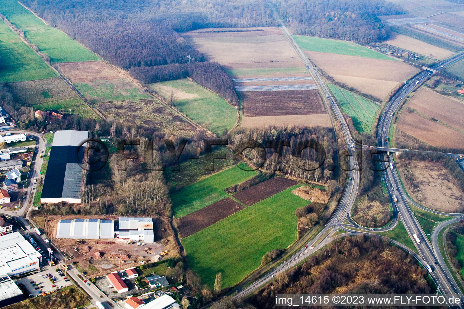 Am Horst industrial area in the district Minderslachen in Kandel in the state Rhineland-Palatinate, Germany seen from above