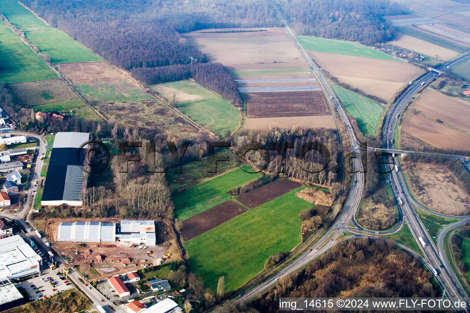 Industrial area Am Horst in the district Minderslachen in Kandel in the state Rhineland-Palatinate, Germany seen from above