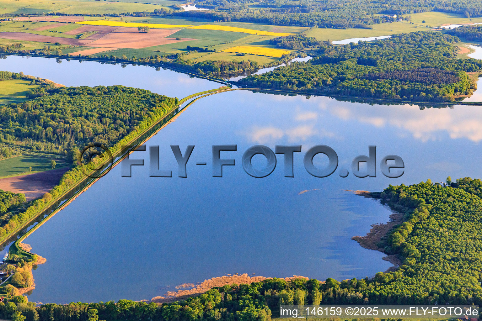 Aerial view of Intersection of the two canals, the Rhine-Marne Canal and the Canal des houllères de la Sarre in the lakes Le Petit Étang and Le Grand Ruisseau in Gondrexange in the state Moselle, France