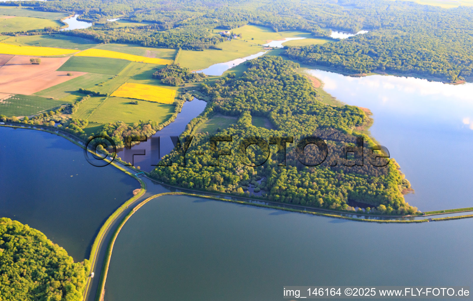 Oblique view of Intersection of the two canals, the Rhine-Marne Canal and the Canal des houllères de la Sarre in the lakes Le Petit Étang and Le Grand Ruisseau in Gondrexange in the state Moselle, France