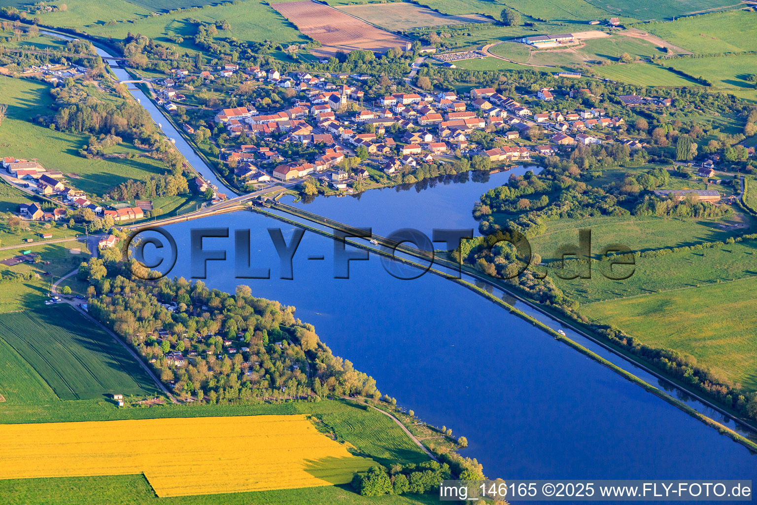 View of the town on the Rhine Marne Canal in Gondrexange in the state Moselle, France