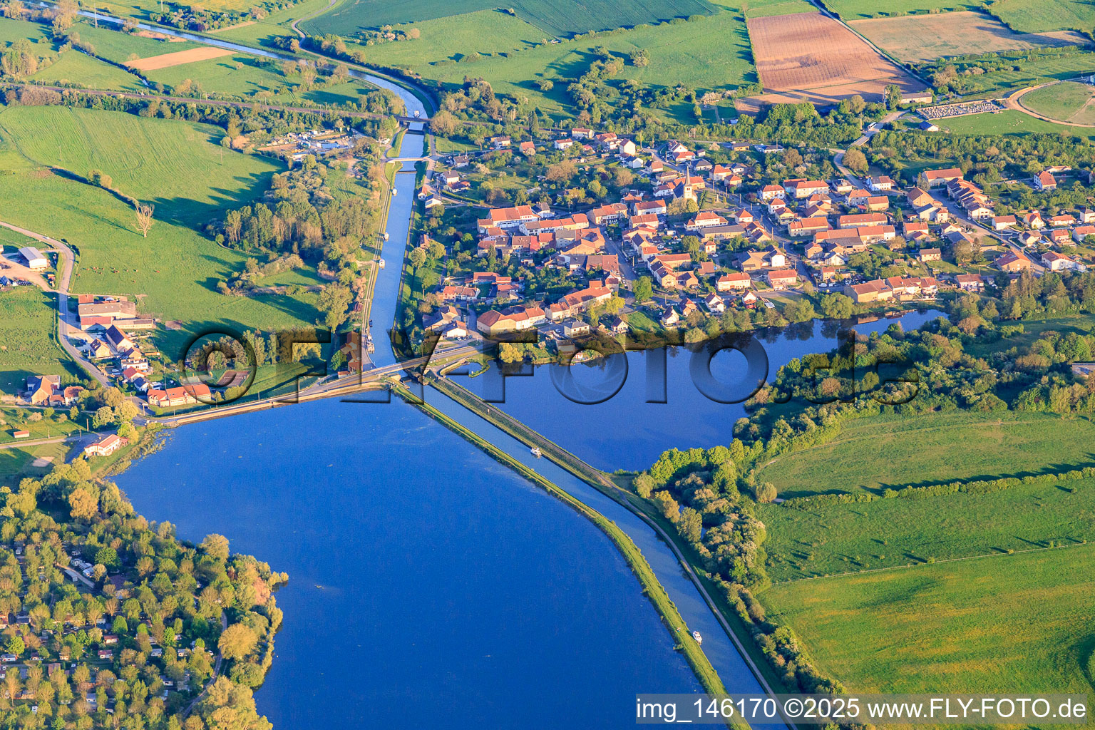 Aerial view of View of the town on the Rhine Marne Canal in Gondrexange in the state Moselle, France