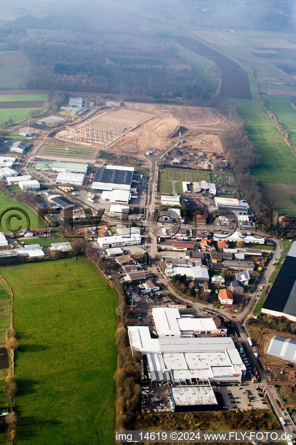 Industrial area Am Horst in the district Minderslachen in Kandel in the state Rhineland-Palatinate, Germany from the plane