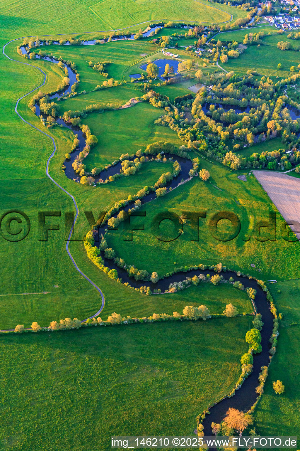 Aerial view of Meandering course of the Saar in Keskastel in the state Bas-Rhin, France
