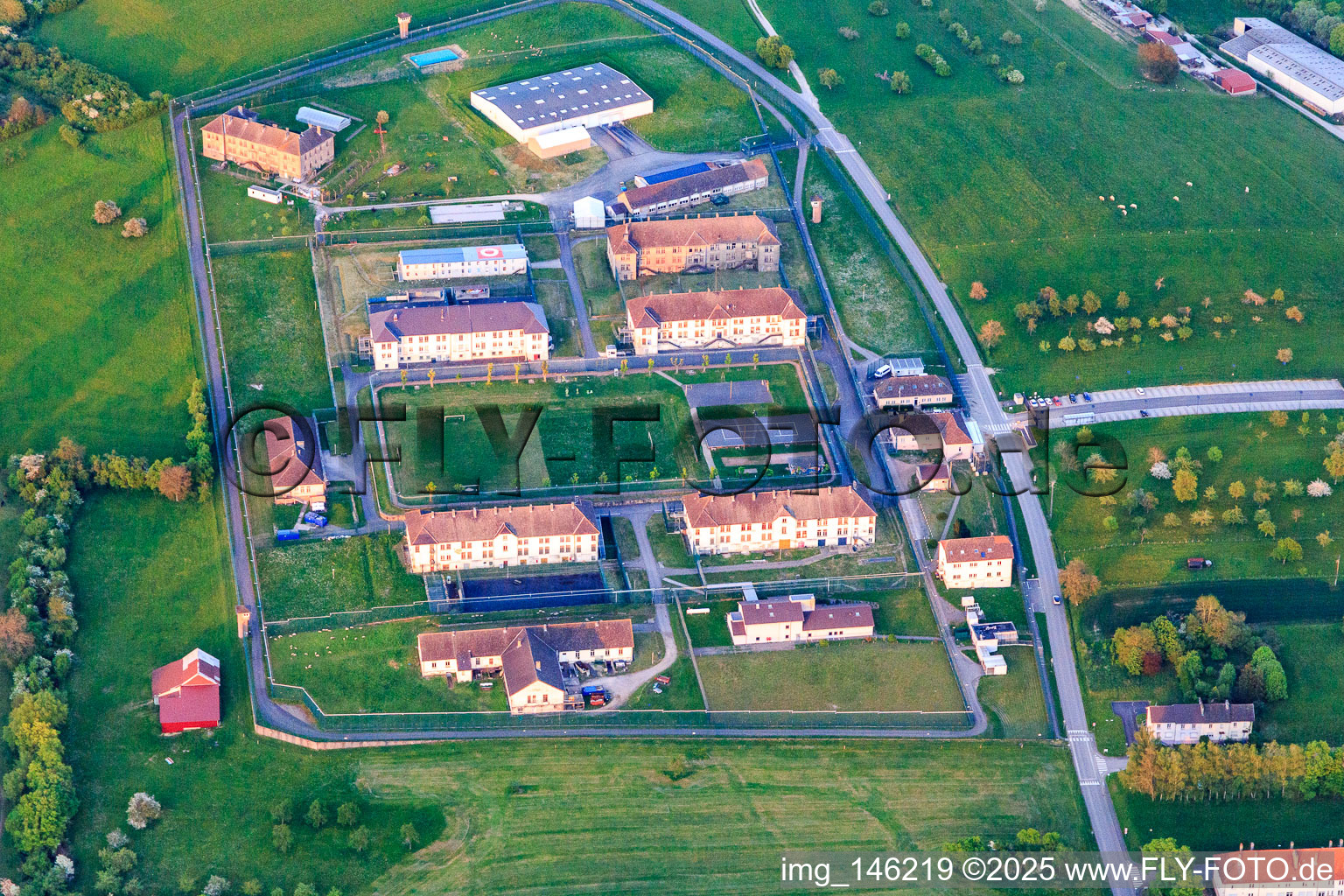 Prison secured with walls and fences Centre de Détention in Oermingen in the state Bas-Rhin, France out of the air