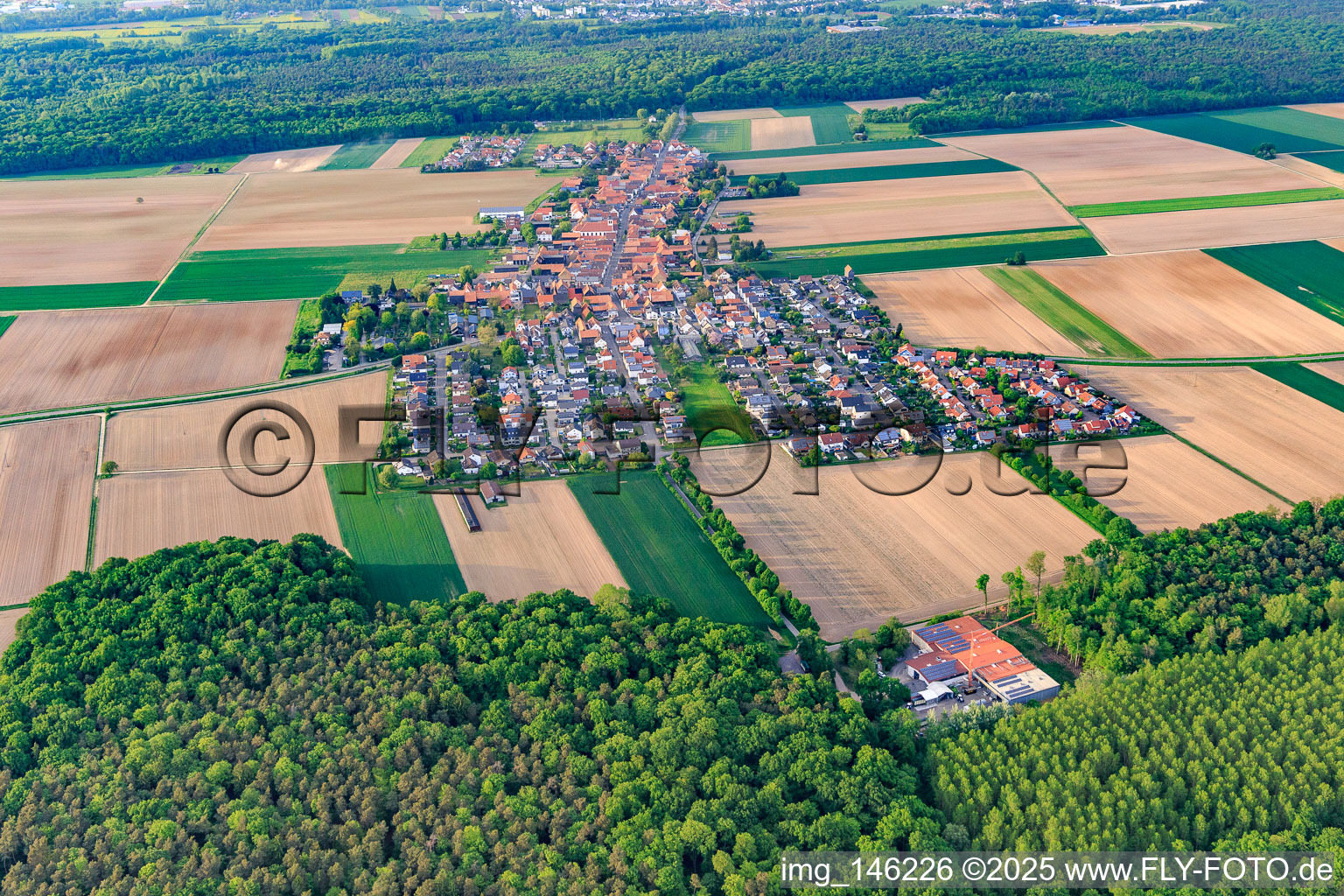 Village view from the south in the evening in the district Hayna in Herxheim bei Landau in the state Rhineland-Palatinate, Germany