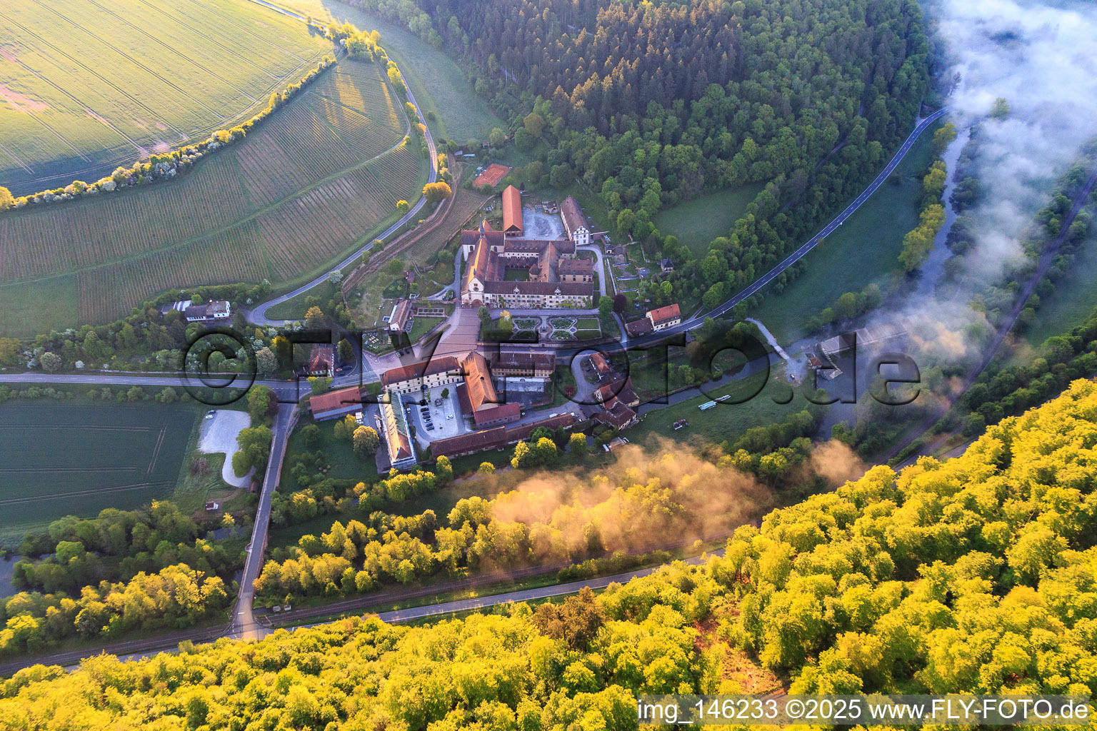 Aerial view of Hotel Kloster Bronnbach with Abbey Garden, Abbey Church of the Assumption of Mary and Missionaries of the Holy Family Monastery Bronnbach in the district Bronnbach in Wertheim in the state Baden-Wuerttemberg, Germany