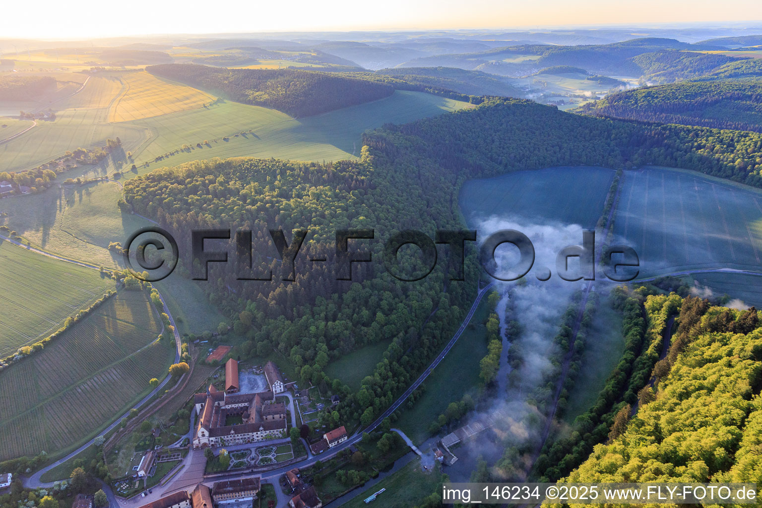 Aerial photograpy of Hotel Kloster Bronnbach with Abbey Garden, Abbey Church of the Assumption of Mary and Missionaries of the Holy Family Monastery Bronnbach in the district Bronnbach in Wertheim in the state Baden-Wuerttemberg, Germany