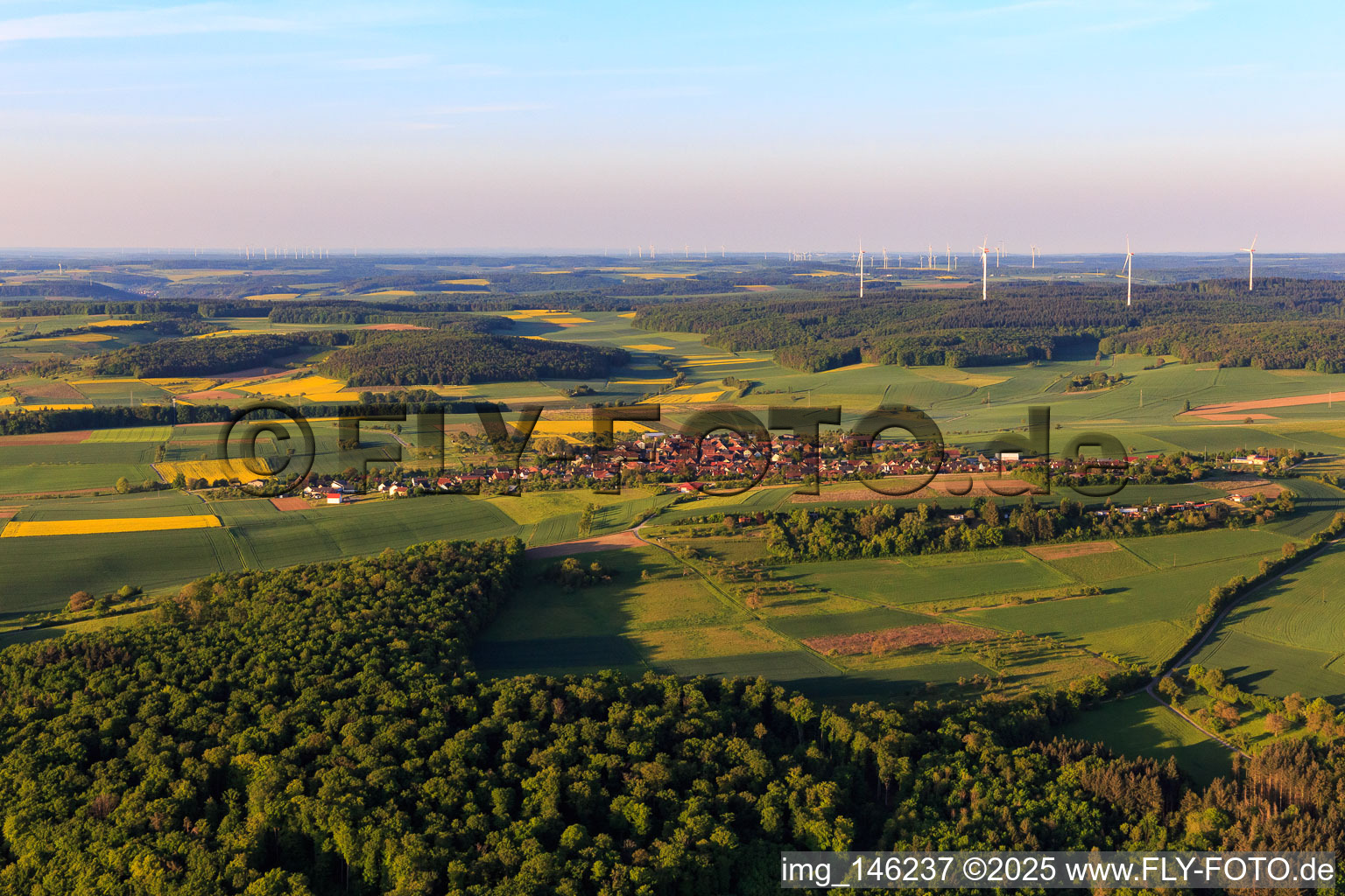 Village view in the morning from the north in the district Uissigheim in Külsheim in the state Baden-Wuerttemberg, Germany