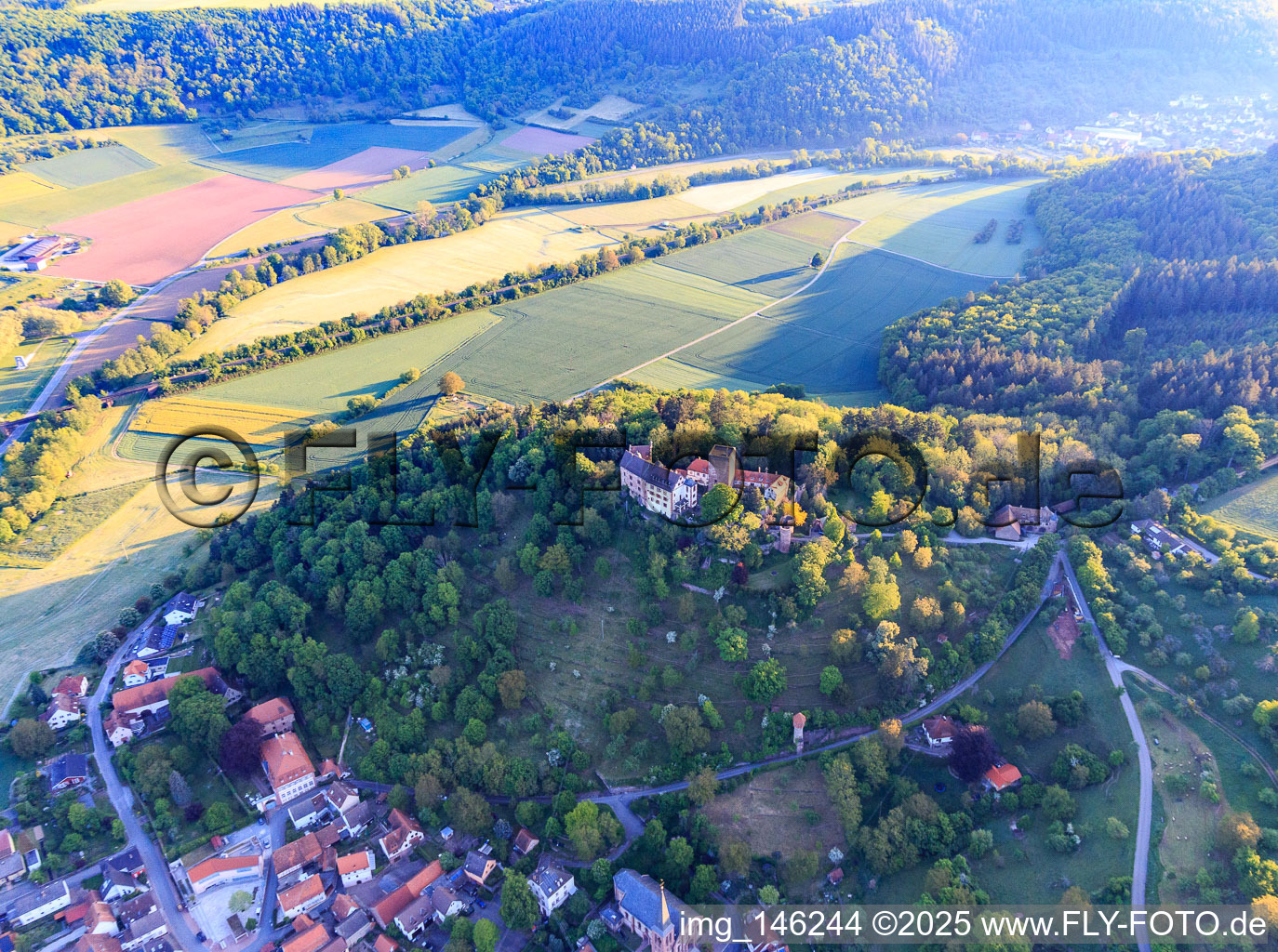 Aerial view of Place below the castle and the castle park Gamburg in the district Gamburg in Werbach in the state Baden-Wuerttemberg, Germany
