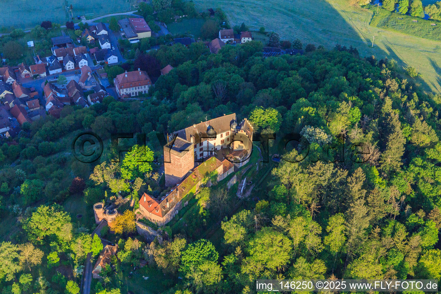 Oblique view of Castle and castle park Gamburg in the district Gamburg in Werbach in the state Baden-Wuerttemberg, Germany