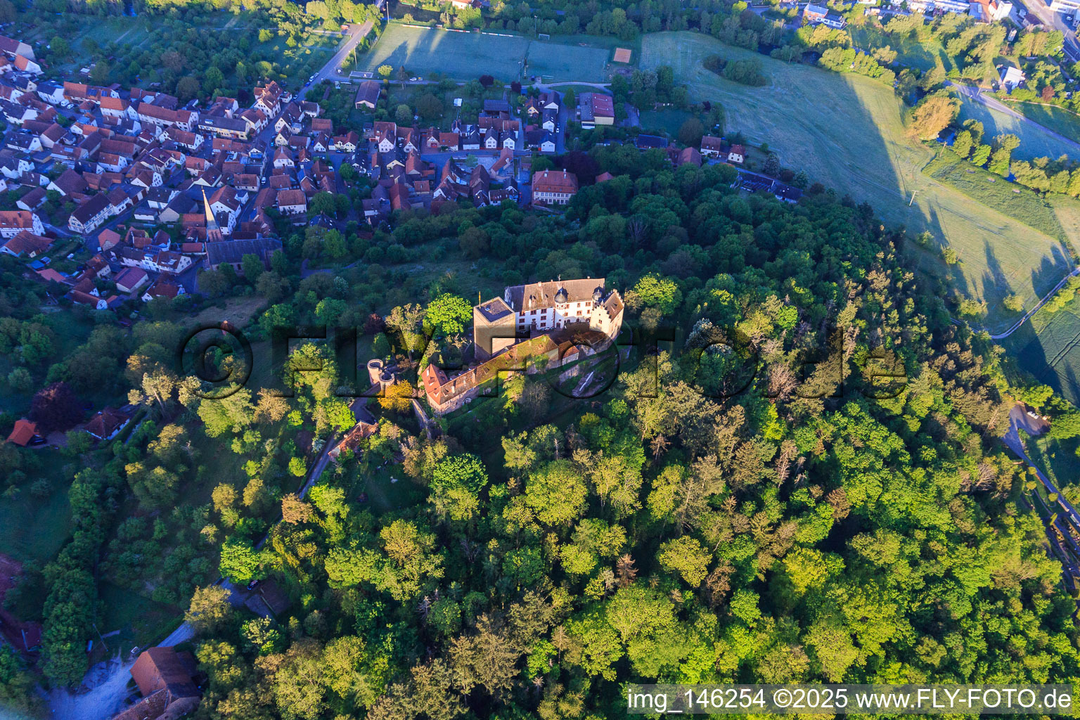Castle and castle park Gamburg above the village of the same name in the Tauber valley in the district Gamburg in Werbach in the state Baden-Wuerttemberg, Germany