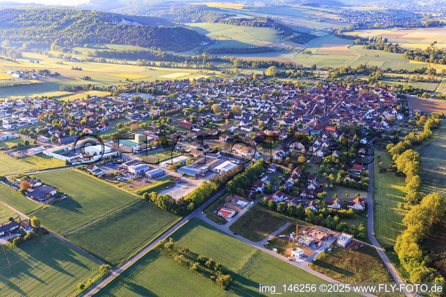 View of the lovely Taubertal in the morning from the northwest in Werbach in the state Baden-Wuerttemberg, Germany