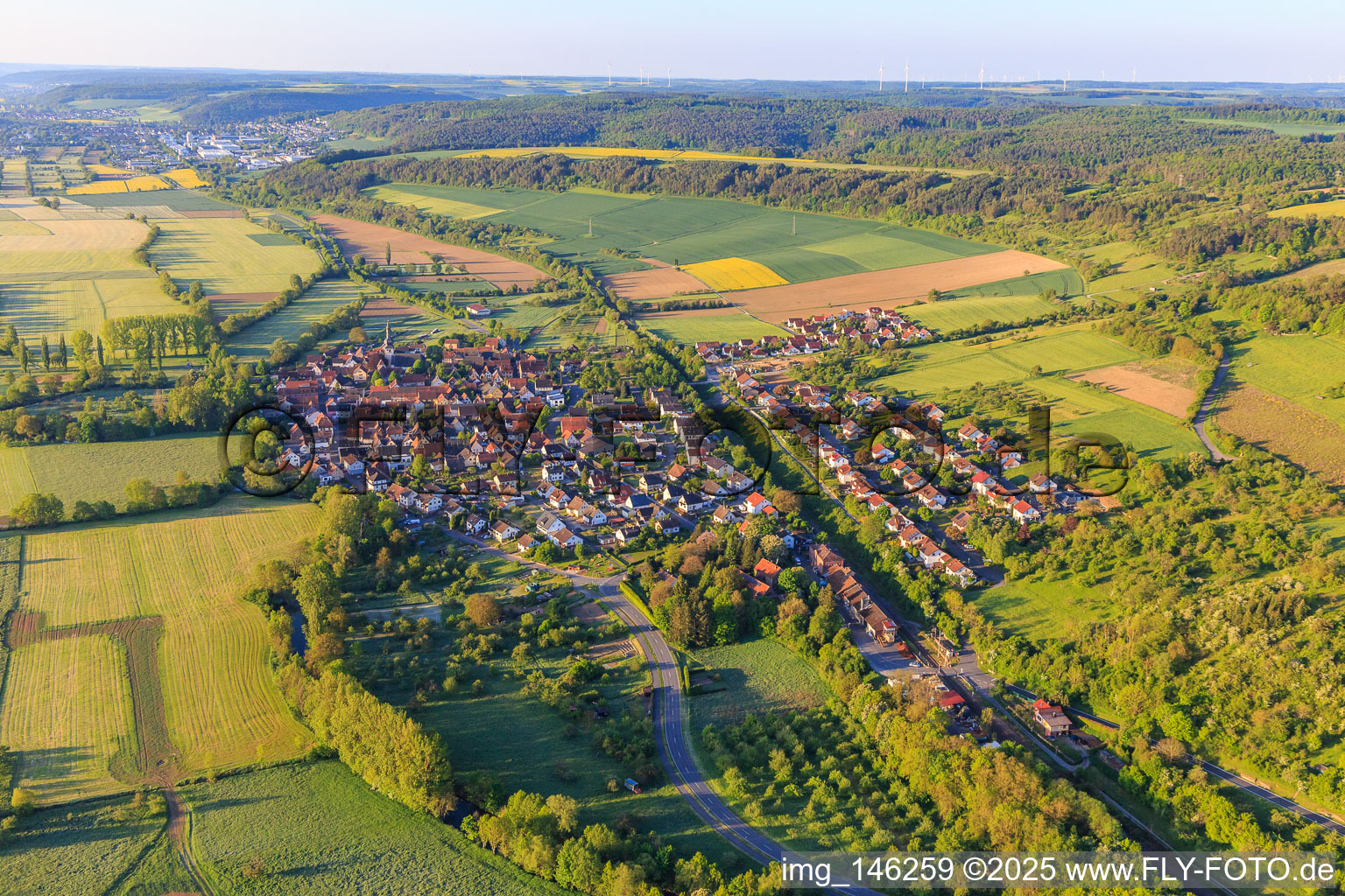 Aerial view of View of the lovely Taubertal in the morning from the north in the district Hochhausen in Tauberbischofsheim in the state Baden-Wuerttemberg, Germany