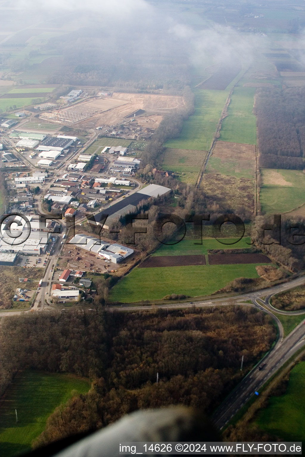 Industrial area Am Horst in the district Minderslachen in Kandel in the state Rhineland-Palatinate, Germany viewn from the air