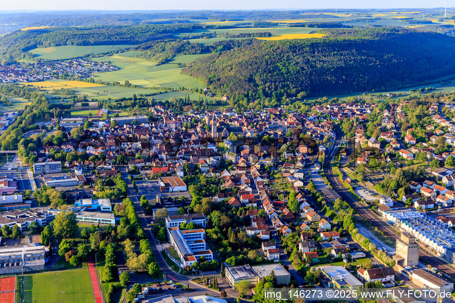 View of the lovely Taubertal valley in the morning from the north with the employment agency Tauberbischofsheim in Tauberbischofsheim in the state Baden-Wuerttemberg, Germany