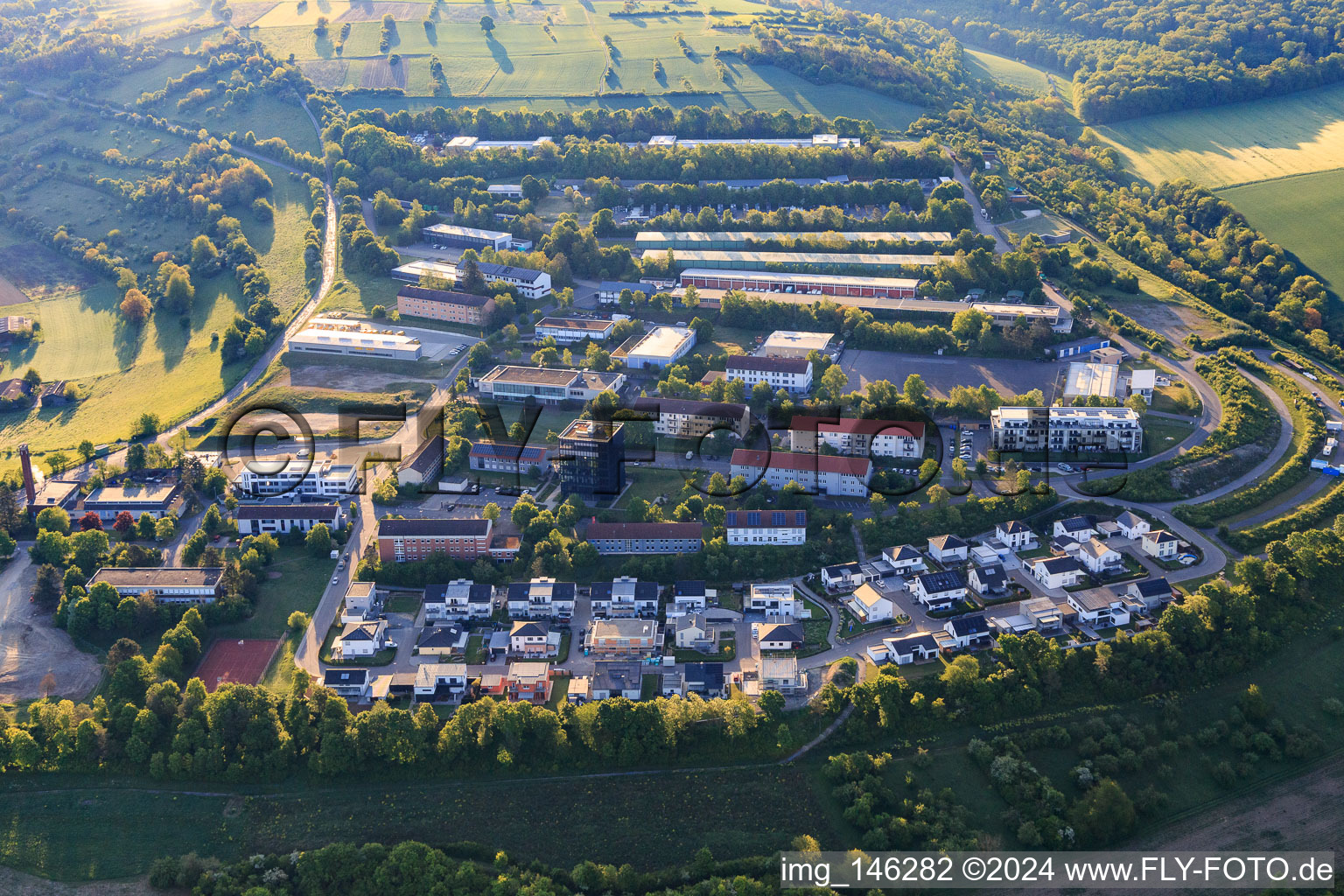 Laurentiusberg district from the west with MVZ am Laurentiusberg, TS Fassaden and Kolping Education Center in Tauberbischofsheim in the state Baden-Wuerttemberg, Germany