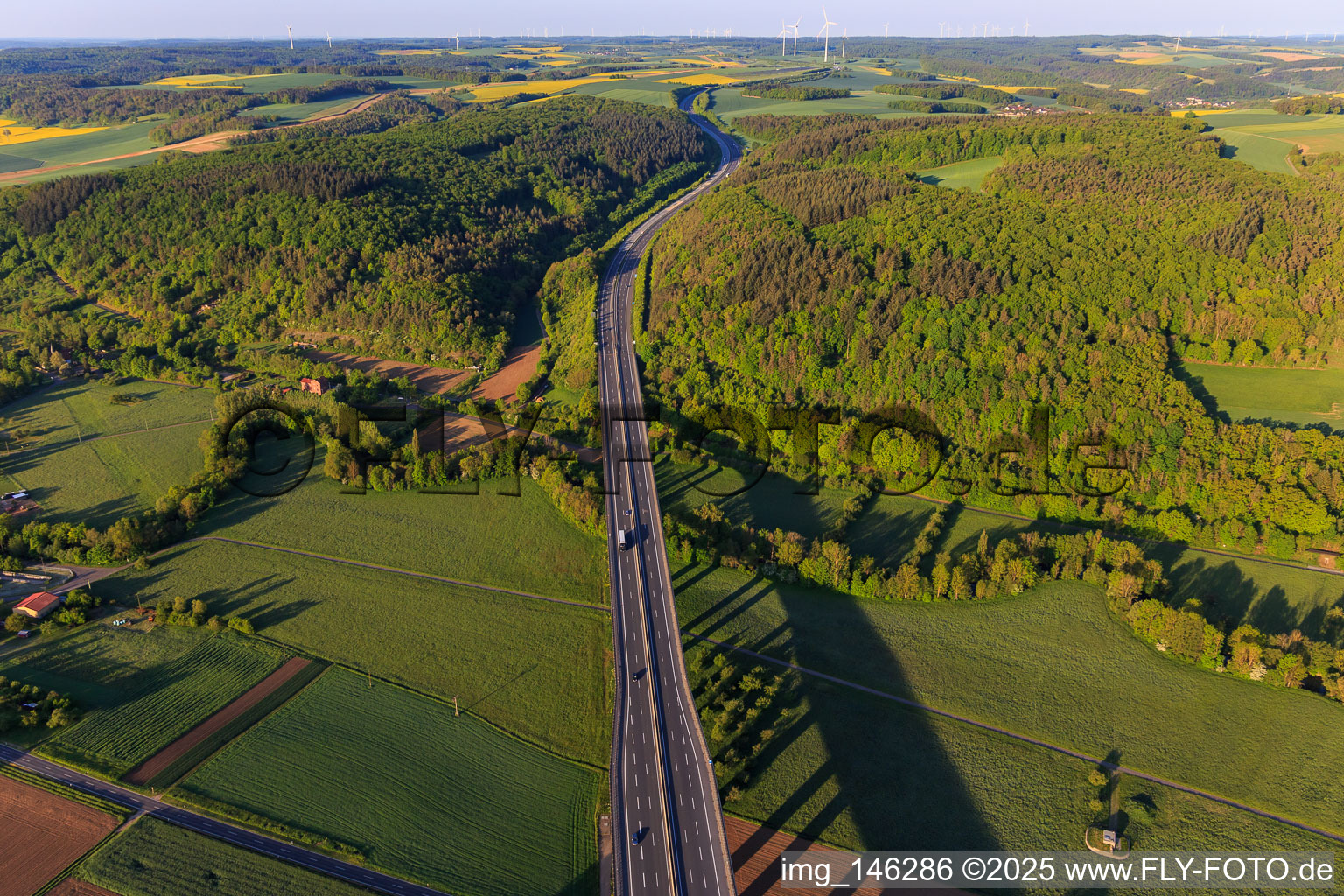 Route of the A81 motorway to the west after crossing the Tauber valley in the district Distelhausen in Tauberbischofsheim in the state Baden-Wuerttemberg, Germany