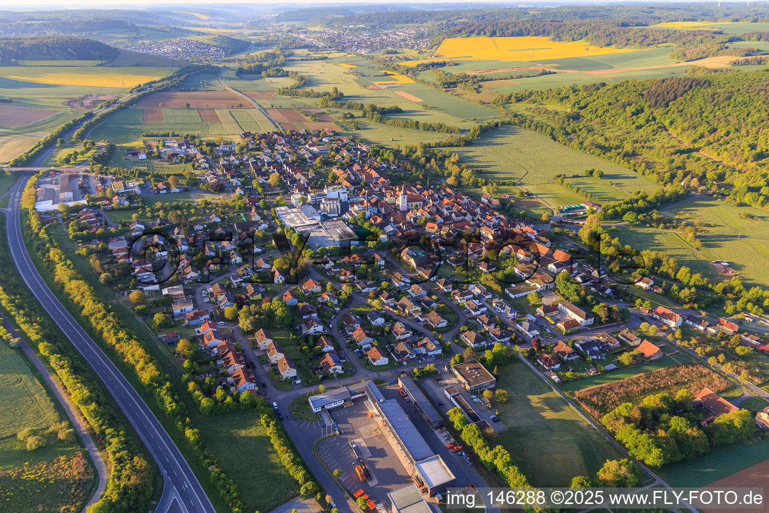 View from the north in the morning in the Tauber valley in the district Distelhausen in Tauberbischofsheim in the state Baden-Wuerttemberg, Germany