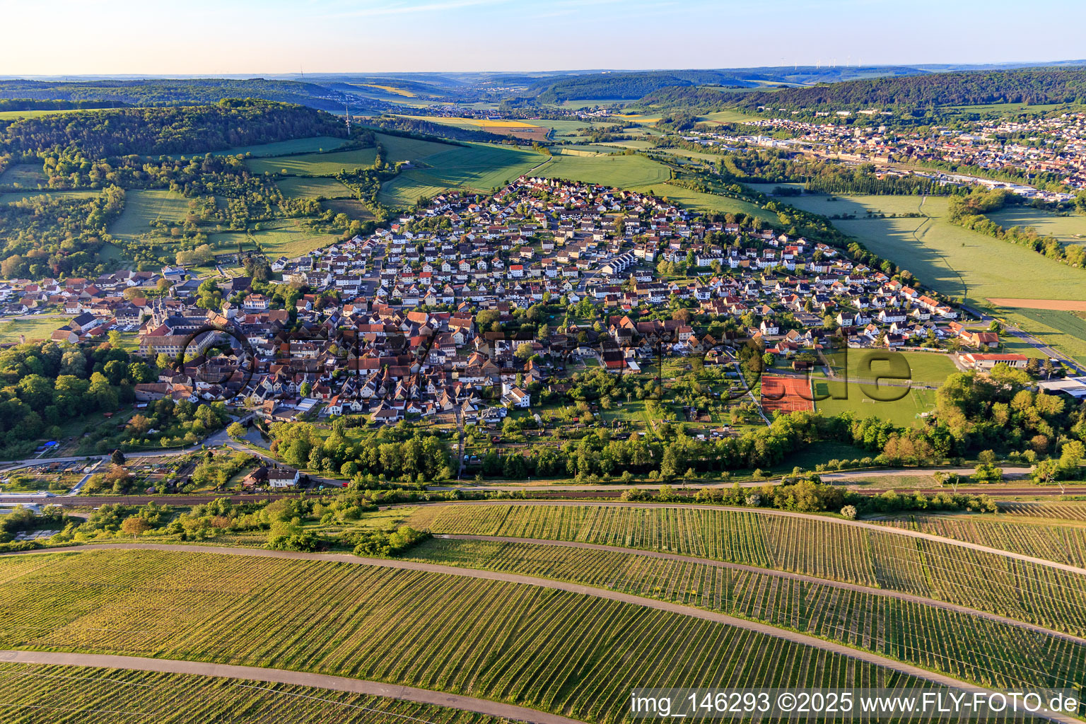 View from the north in the morning in the Tauber valley in the district Gerlachsheim in Lauda-Königshofen in the state Baden-Wuerttemberg, Germany