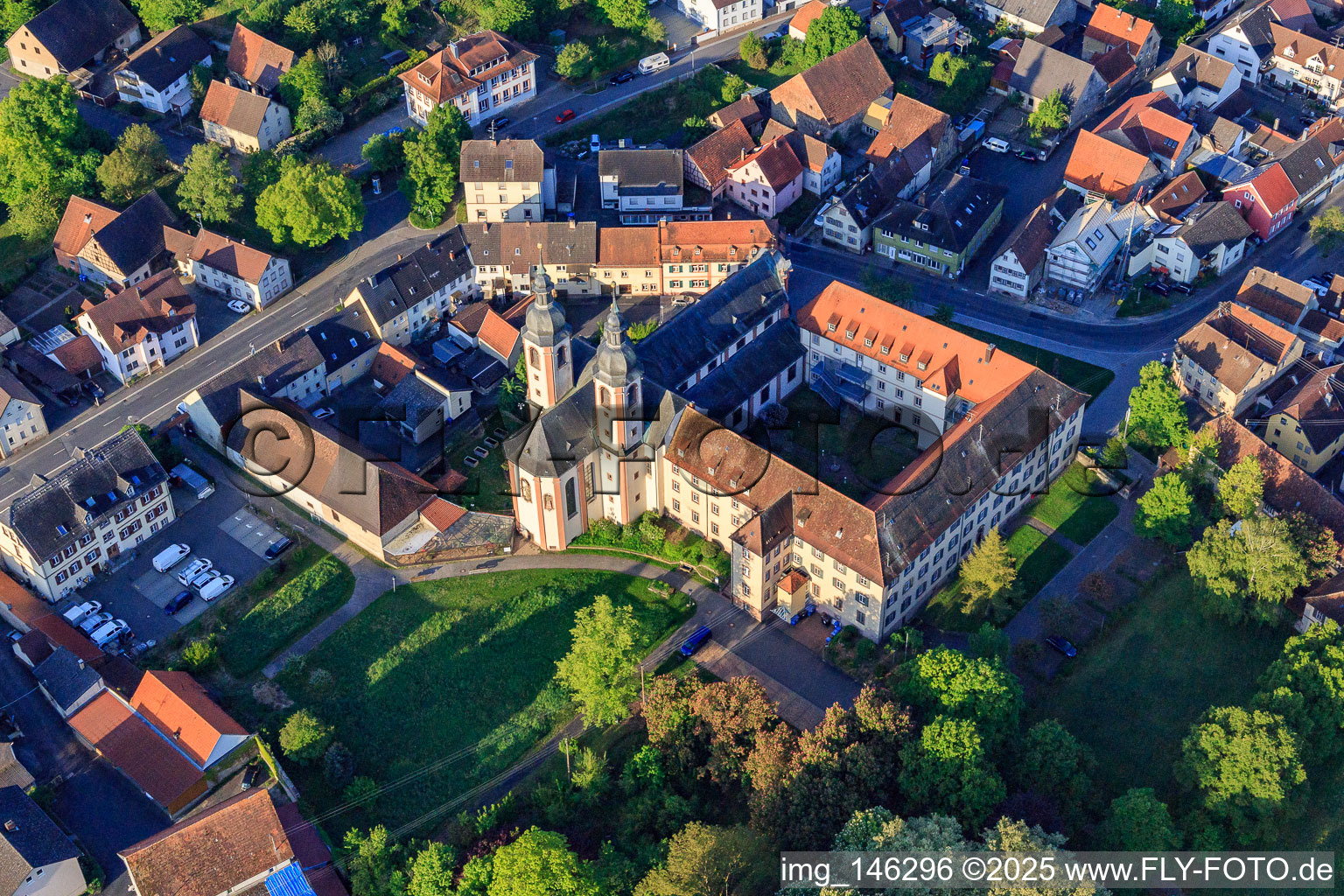 Aerial photograpy of Former monastery Gerlachsheim with Nardini School and inab Education Center – Youth, Education and Career. near the Church of the Holy Cross in the district Gerlachsheim in Lauda-Königshofen in the state Baden-Wuerttemberg, Germany